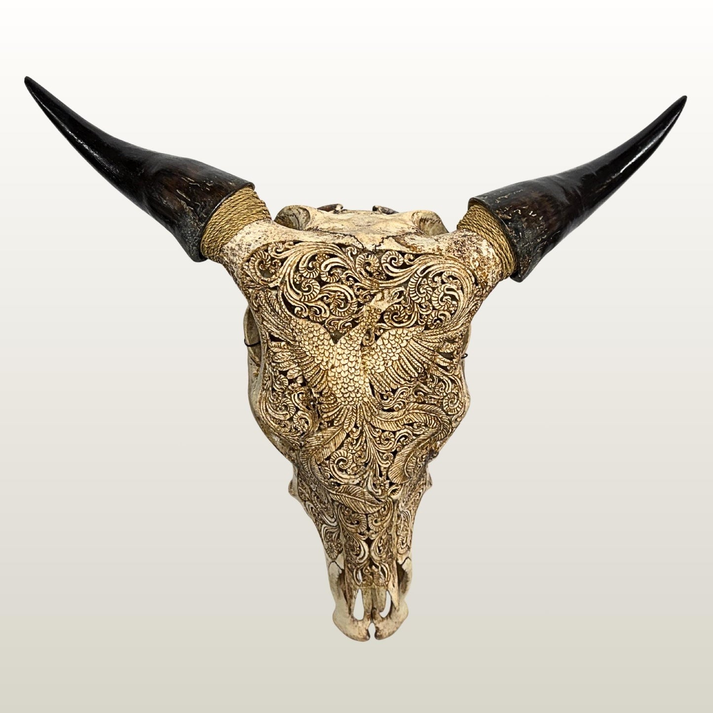 Carved Steer SKULL HORN Mythical Phoenix Bird, Taxidermy Wall Mount, Balinese Bone Carving Art