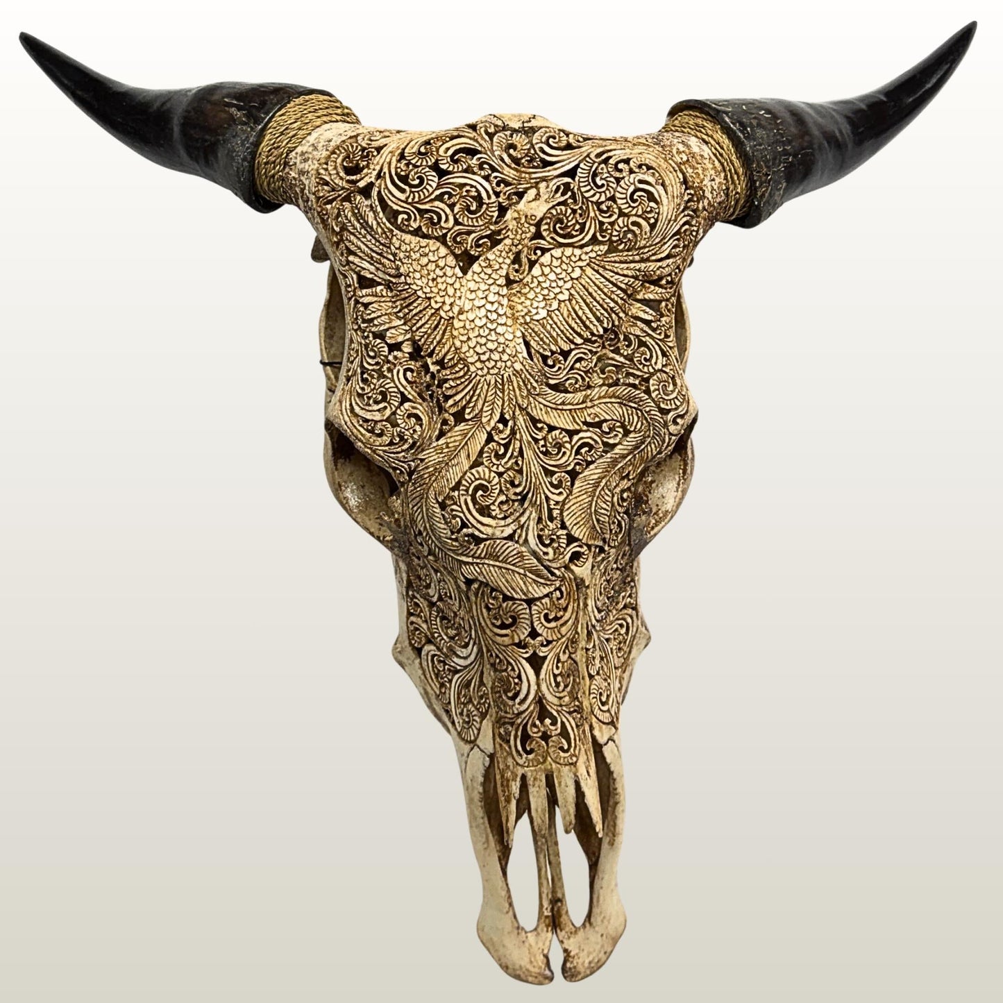 Carved Steer SKULL HORN Mythical Phoenix Bird, Taxidermy Wall Mount, Balinese Bone Carving Art