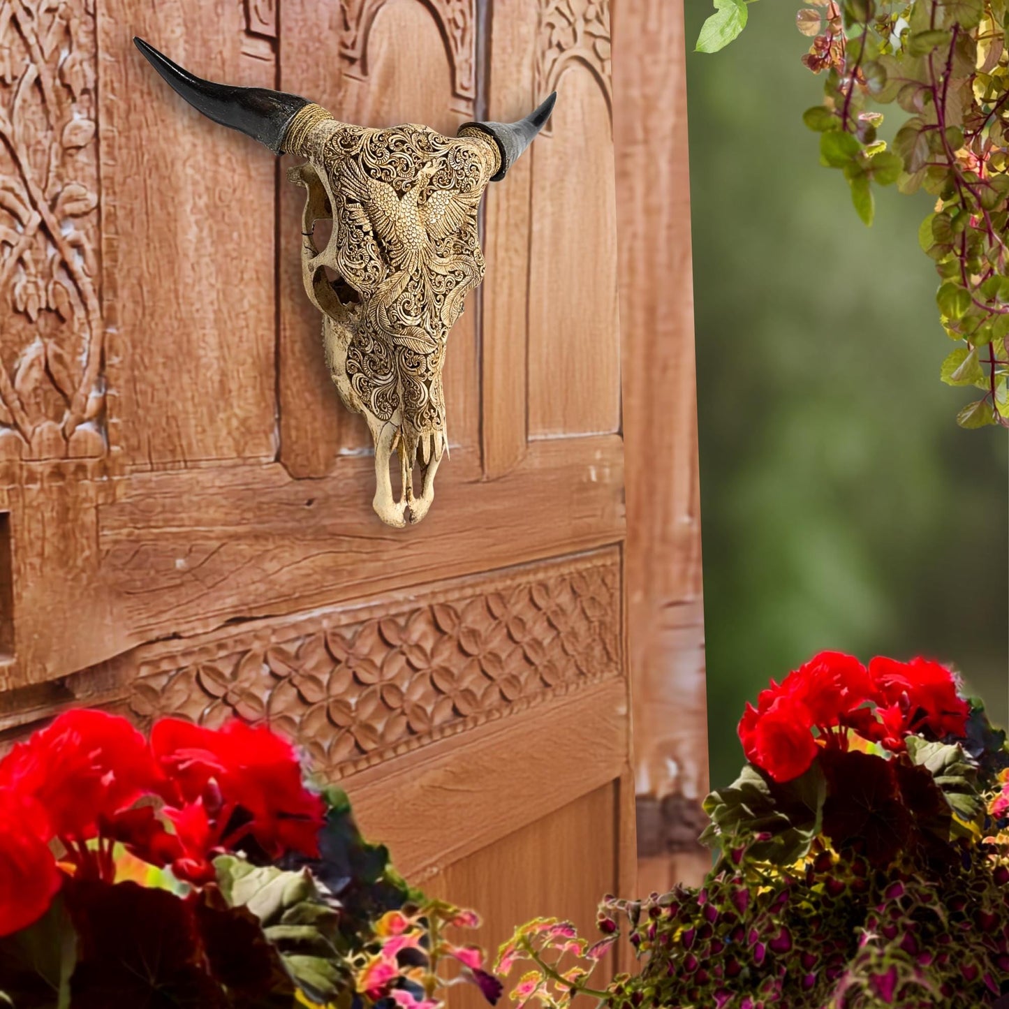 Carved Steer SKULL HORN Mythical Phoenix Bird, Taxidermy Wall Mount, Balinese Bone Carving Art