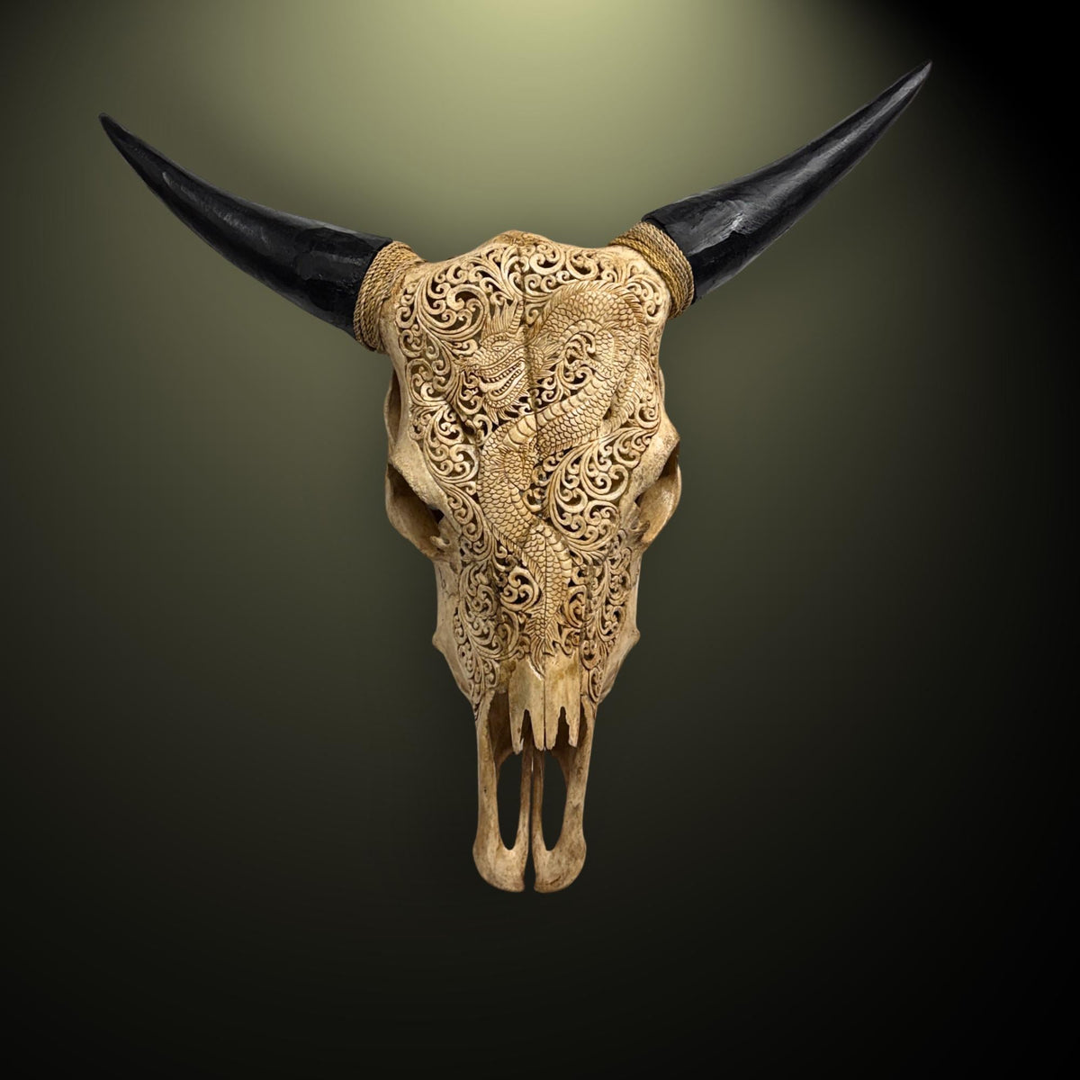 Hand Carved Steer SKULL HORNS Mystical Dragon Taxidermy Cow bull Wall Art