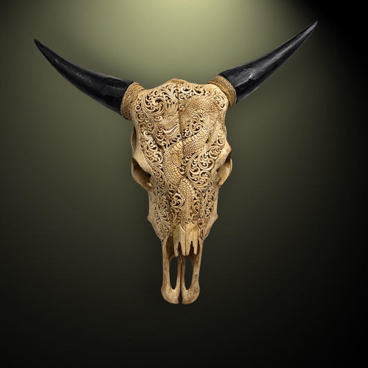 Hand Carved Steer SKULL HORNS Mystical Dragon Taxidermy Cow bull Wall Art
