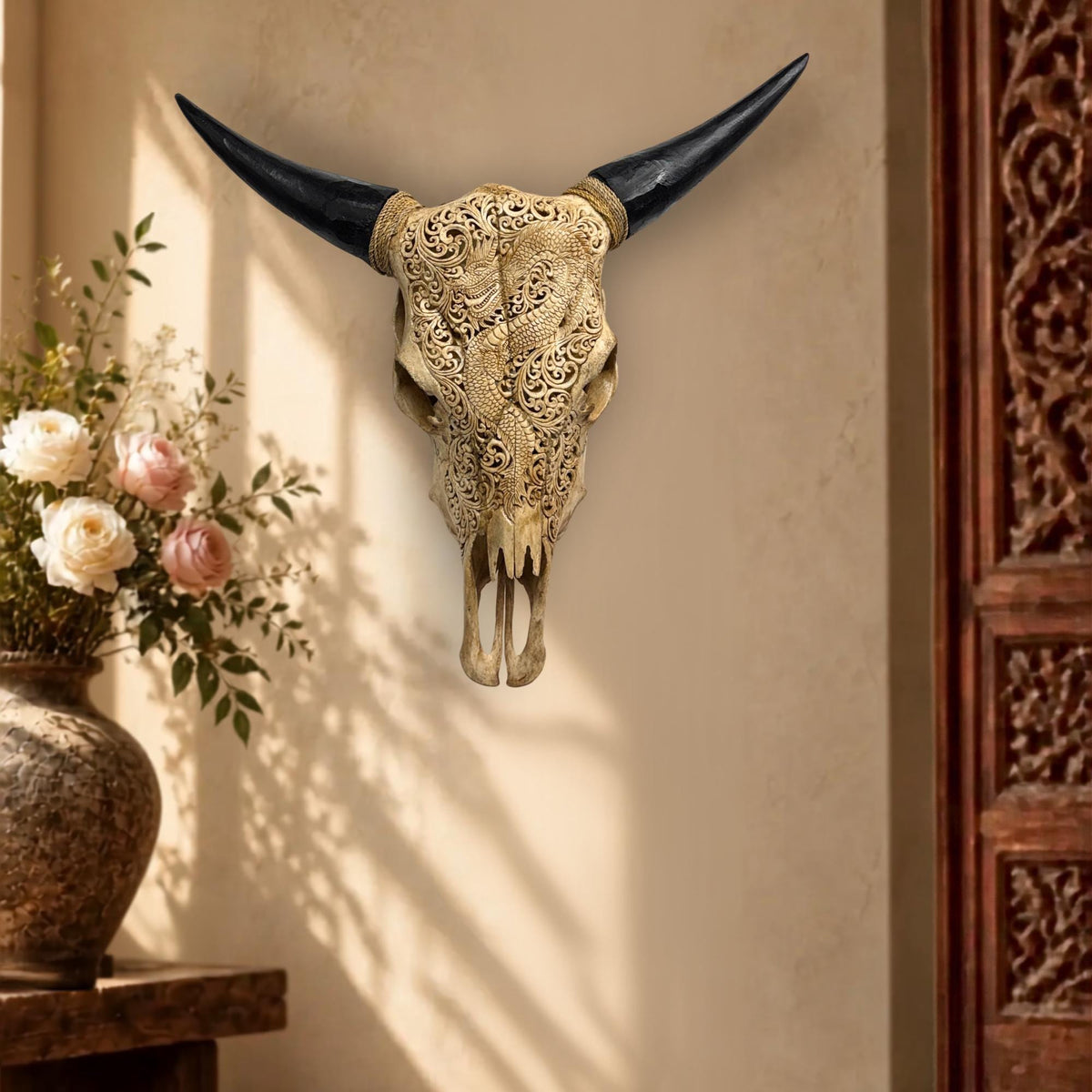 Hand Carved Steer SKULL HORNS Mystical Dragon Taxidermy Cow bull Wall Art