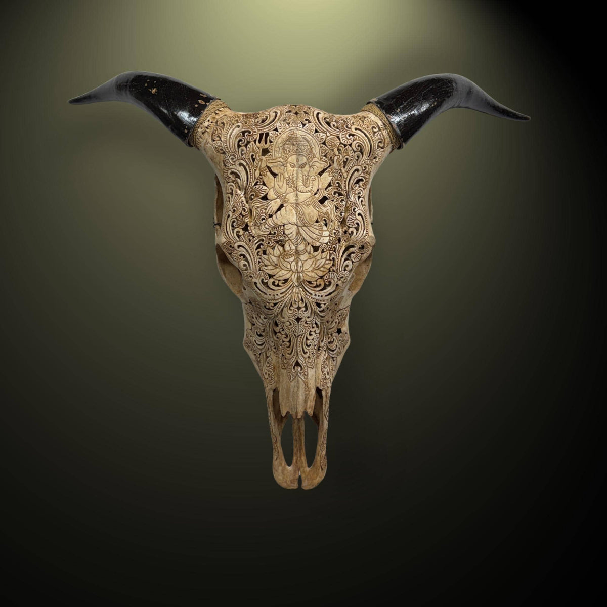 Hand Carved Bali Ganesha Wall Mount Steer Skull; Balinese Bone Carving Art