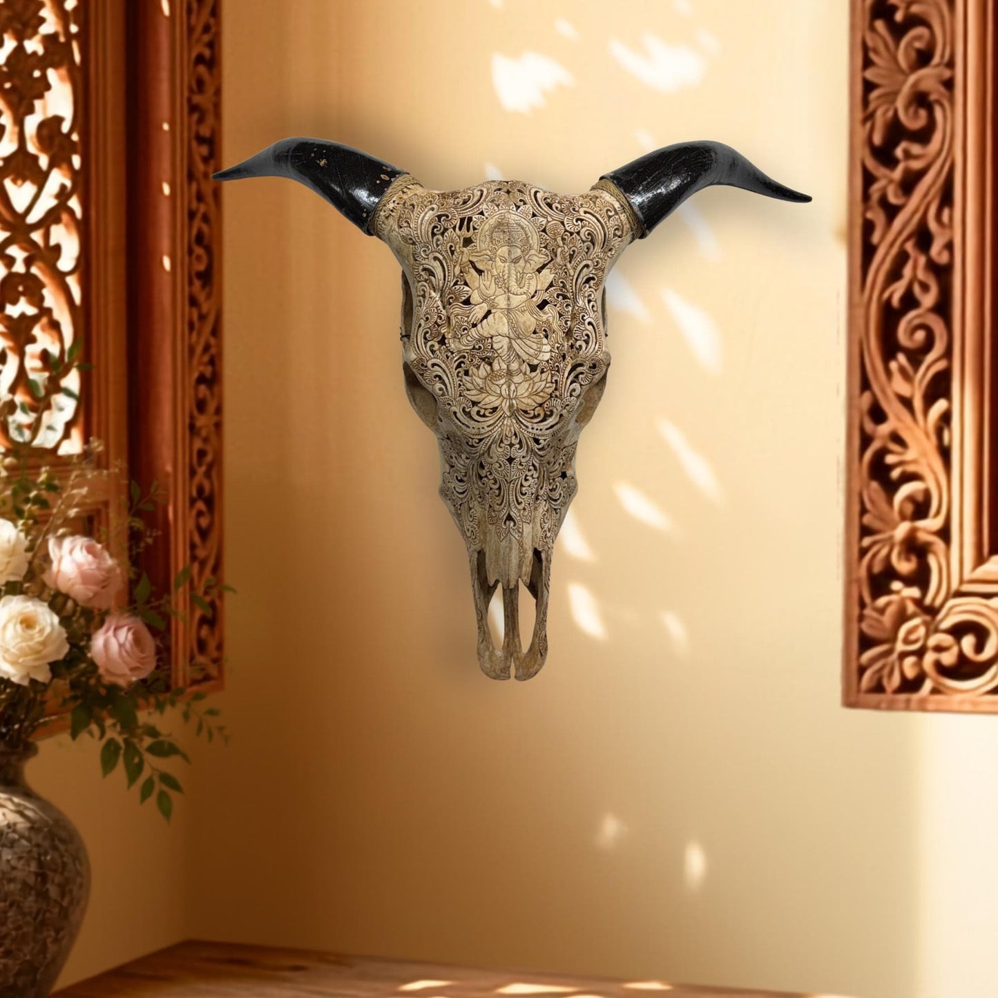 Hand Carved Bali Ganesha Wall Mount Steer Skull; Balinese Bone Carving Art