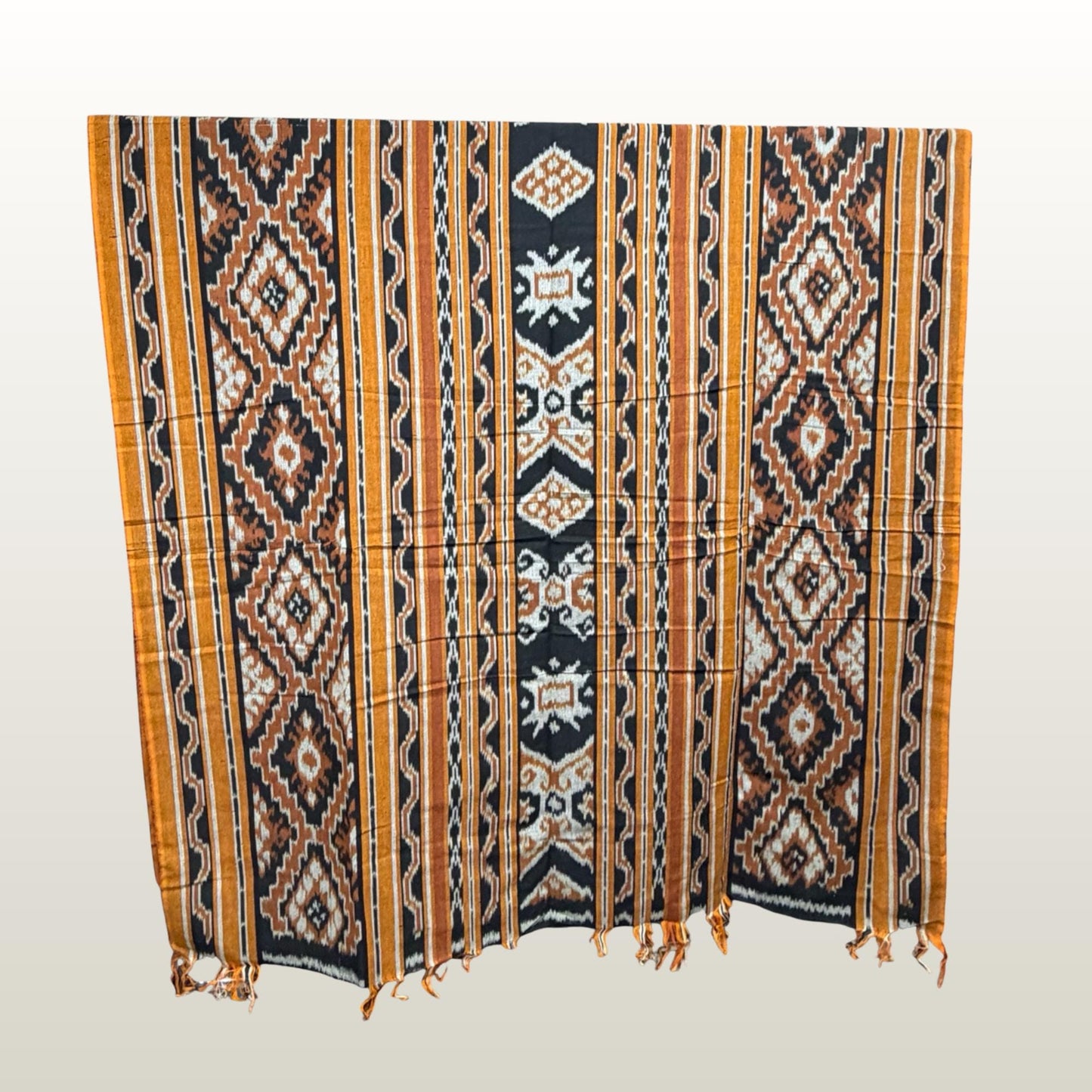 Hand woven Gold Brown Ikat Cotton Tapestry: Hand Loomed Indonesian Blanket (45x90)