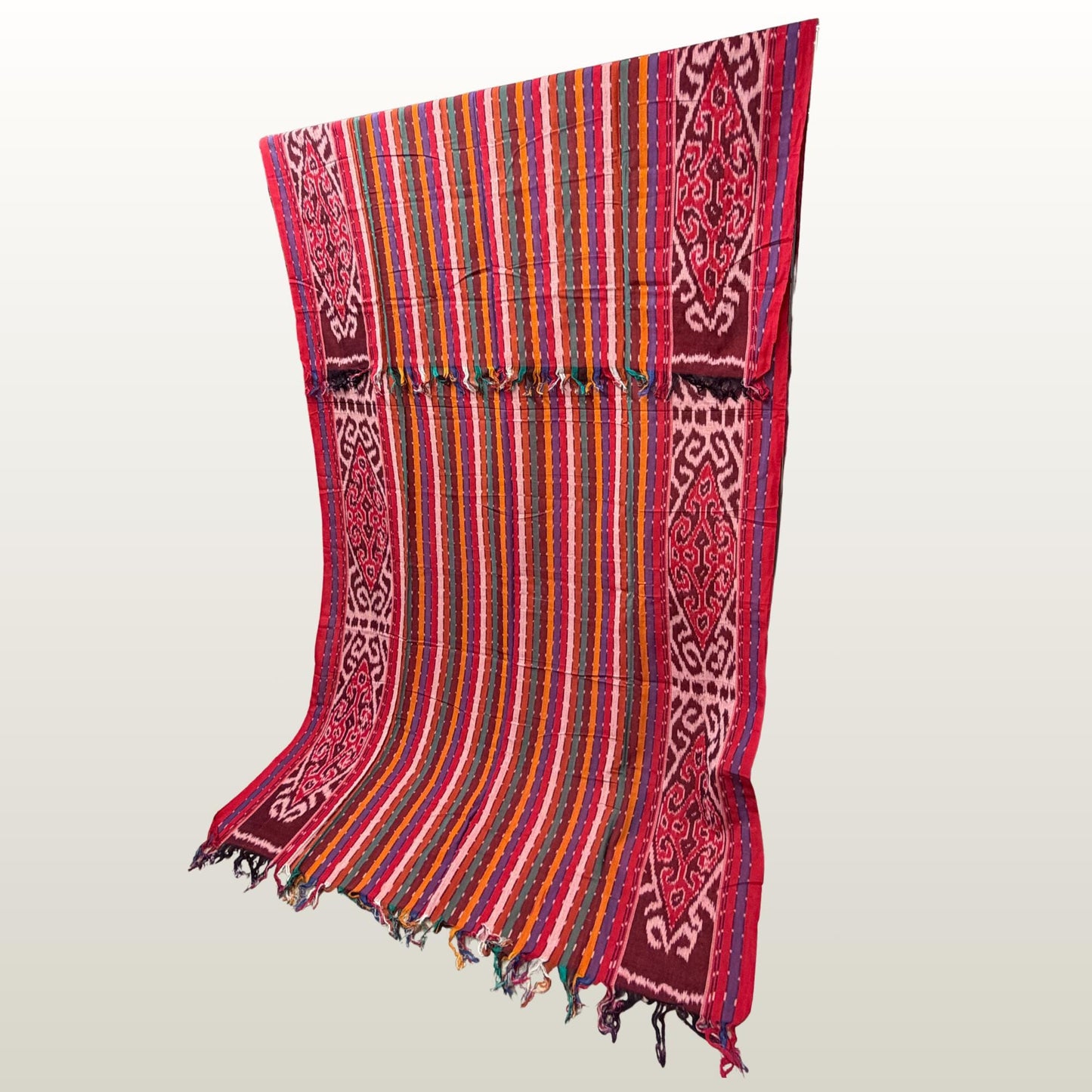 Hand woven Coral red Ikat Cotton Tapestry: Hand Loomed Indonesian Blanket (45x90)