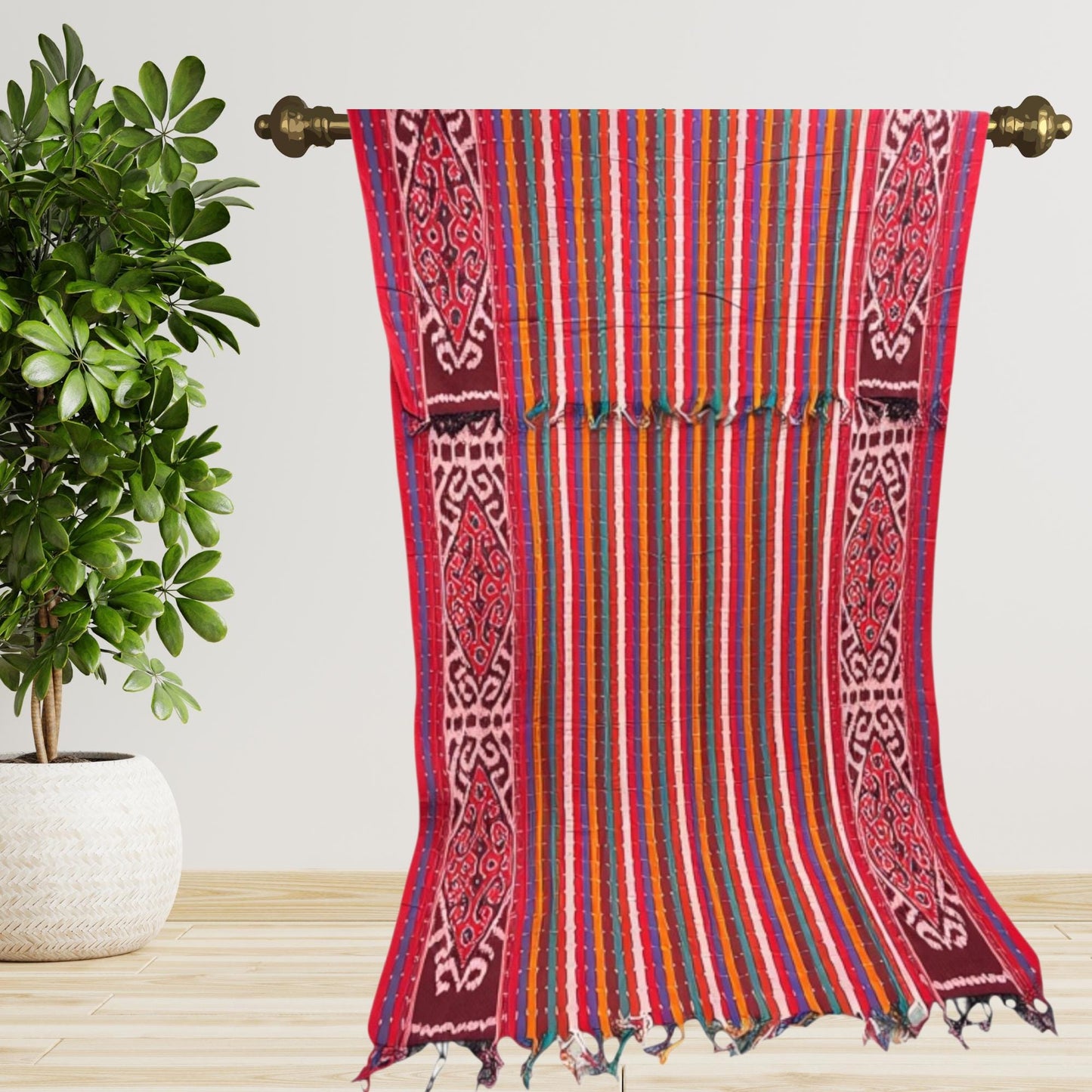 Hand woven Coral red Ikat Cotton Tapestry: Hand Loomed Indonesian Blanket (45x90)