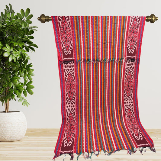 Hand woven Coral red Ikat Cotton Tapestry: Hand Loomed Indonesian Blanket (45x90) - Acadia World Traders