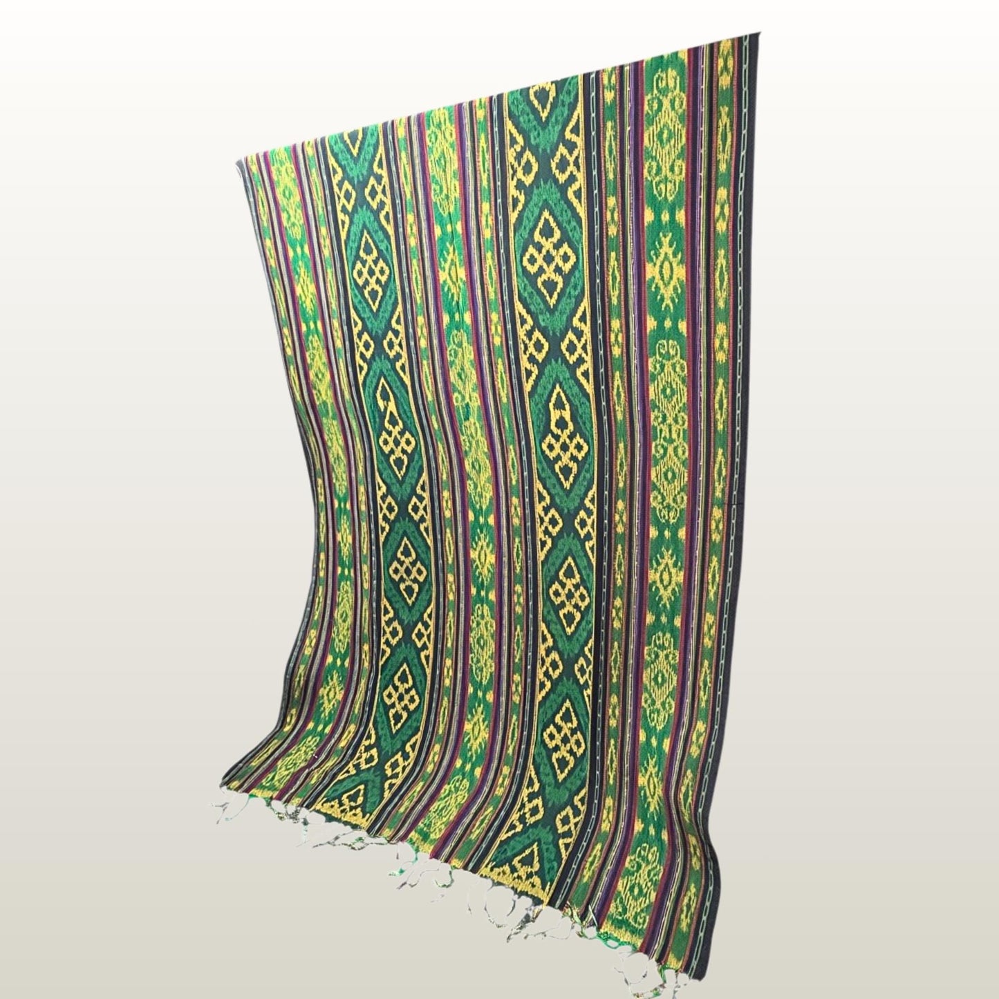 Hand woven Green Ikat Cotton Tapestry: Hand Loomed Indonesian Blanket (45x90)