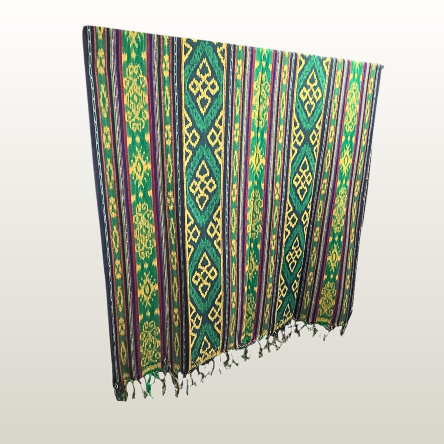 Hand woven Green Ikat Cotton Tapestry: Hand Loomed Indonesian Blanket (45x90)