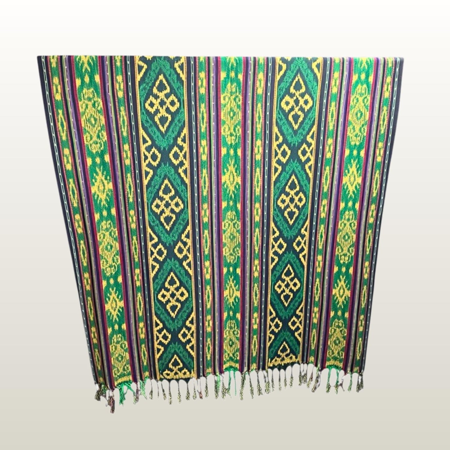 Hand woven Green Ikat Cotton Tapestry: Hand Loomed Indonesian Blanket (45x90)