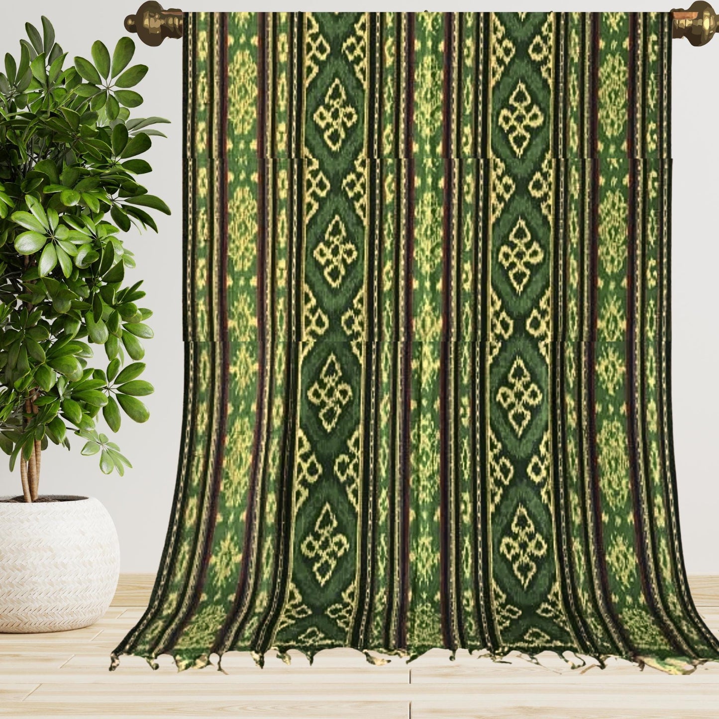 Hand woven Green Ikat Cotton Tapestry: Hand Loomed Indonesian Blanket (45x90)