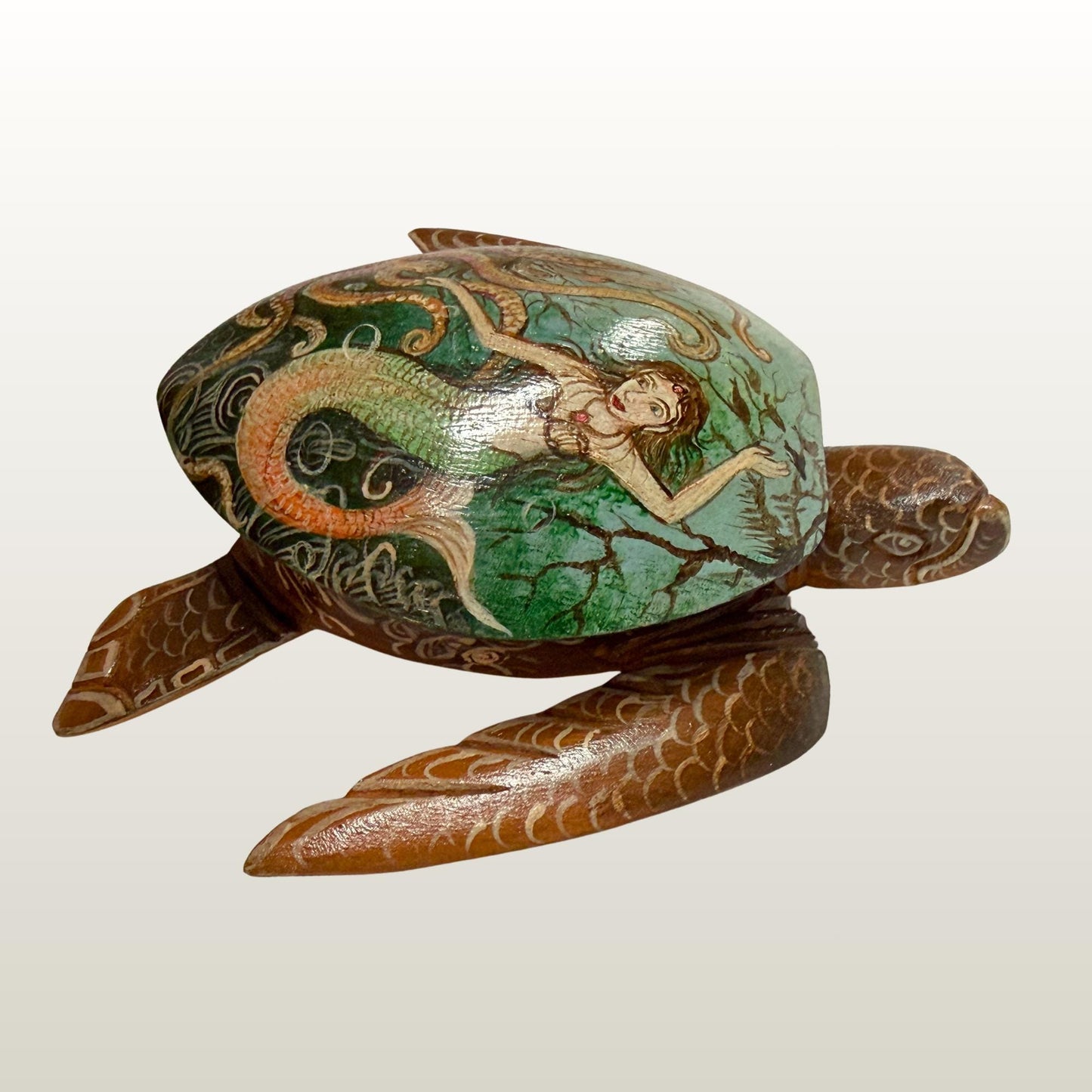 Sea Turtle Mermaid & Octopus Trinket Stash Jewelry Box hand painted Wood carving Balinese Art