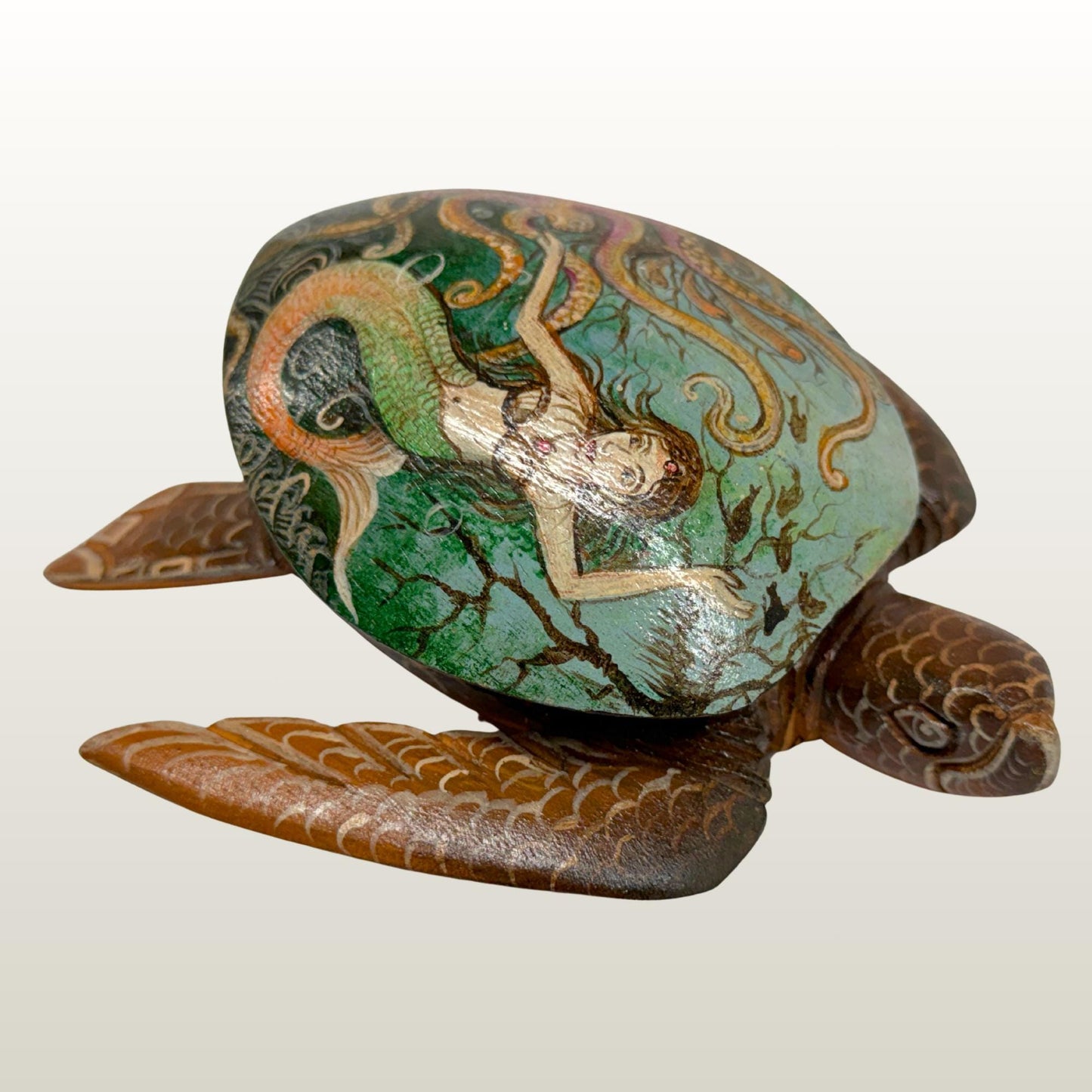 Sea Turtle Mermaid & Octopus Trinket Stash Jewelry Box hand painted Wood carving Balinese Art
