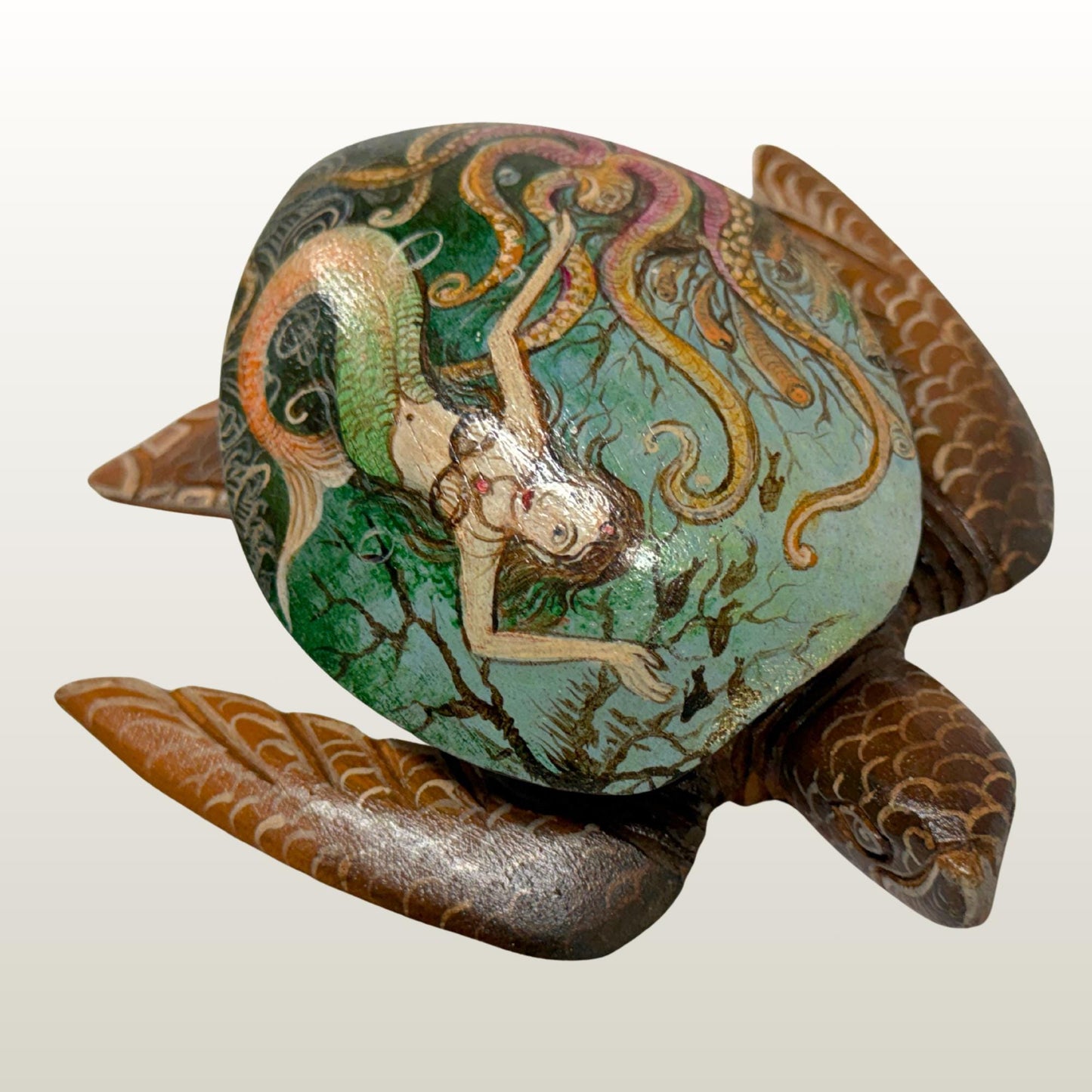 Sea Turtle Mermaid & Octopus Trinket Stash Jewelry Box hand painted Wood carving Balinese Art