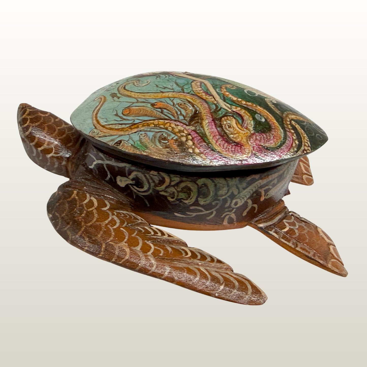 Sea Turtle Mermaid & Octopus Trinket Stash Jewelry Box hand painted Wood carving Balinese Art