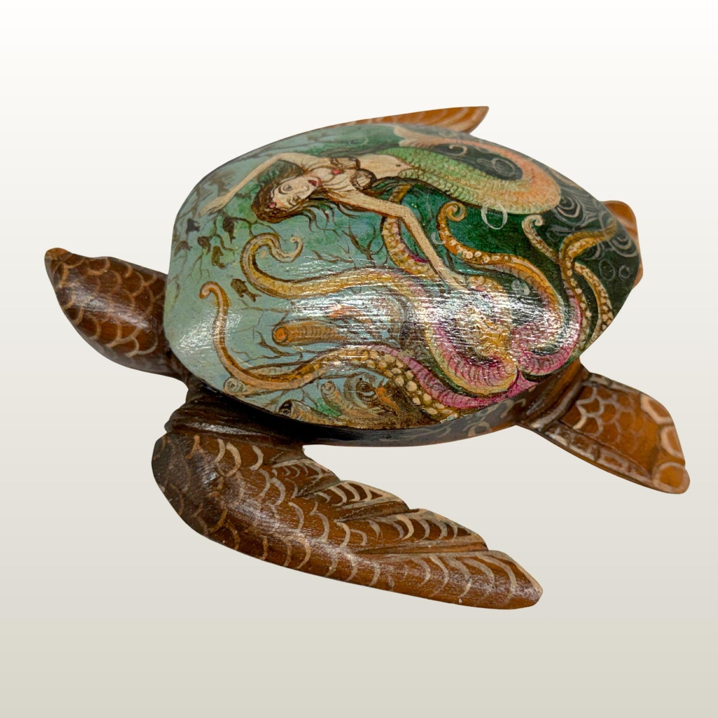 Sea Turtle Mermaid & Octopus Trinket Stash Jewelry Box hand painted Wood carving Balinese Art