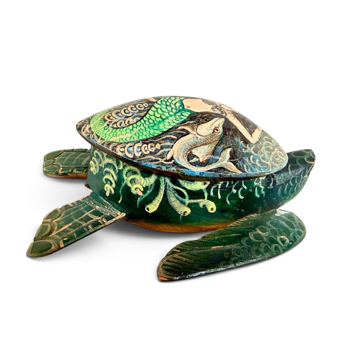 Sea Turtle Mermaid & Fish Trinket Stash Jewelry Box hand painted Wood carving Balinese Art