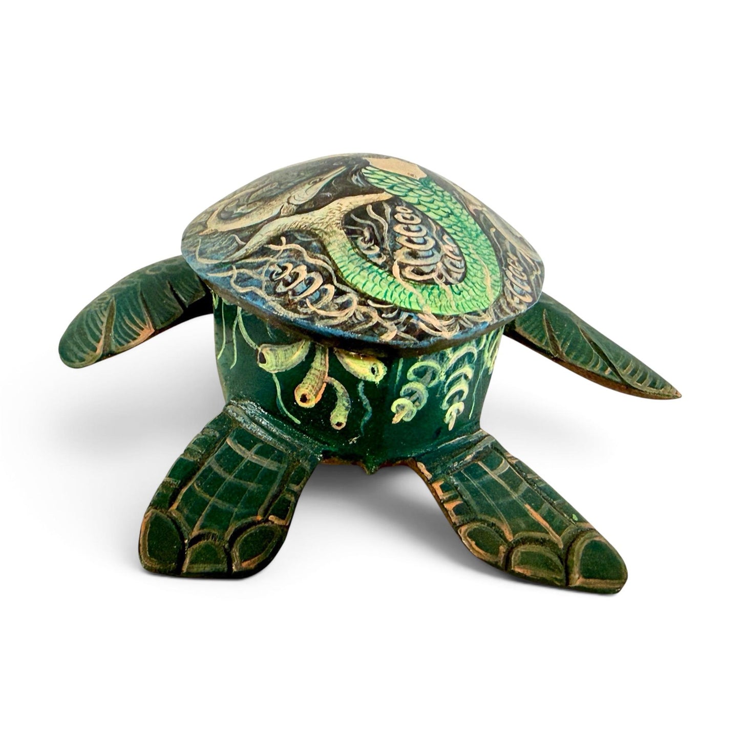 Sea Turtle Mermaid & Fish Trinket Stash Jewelry Box hand painted Wood carving Balinese Art