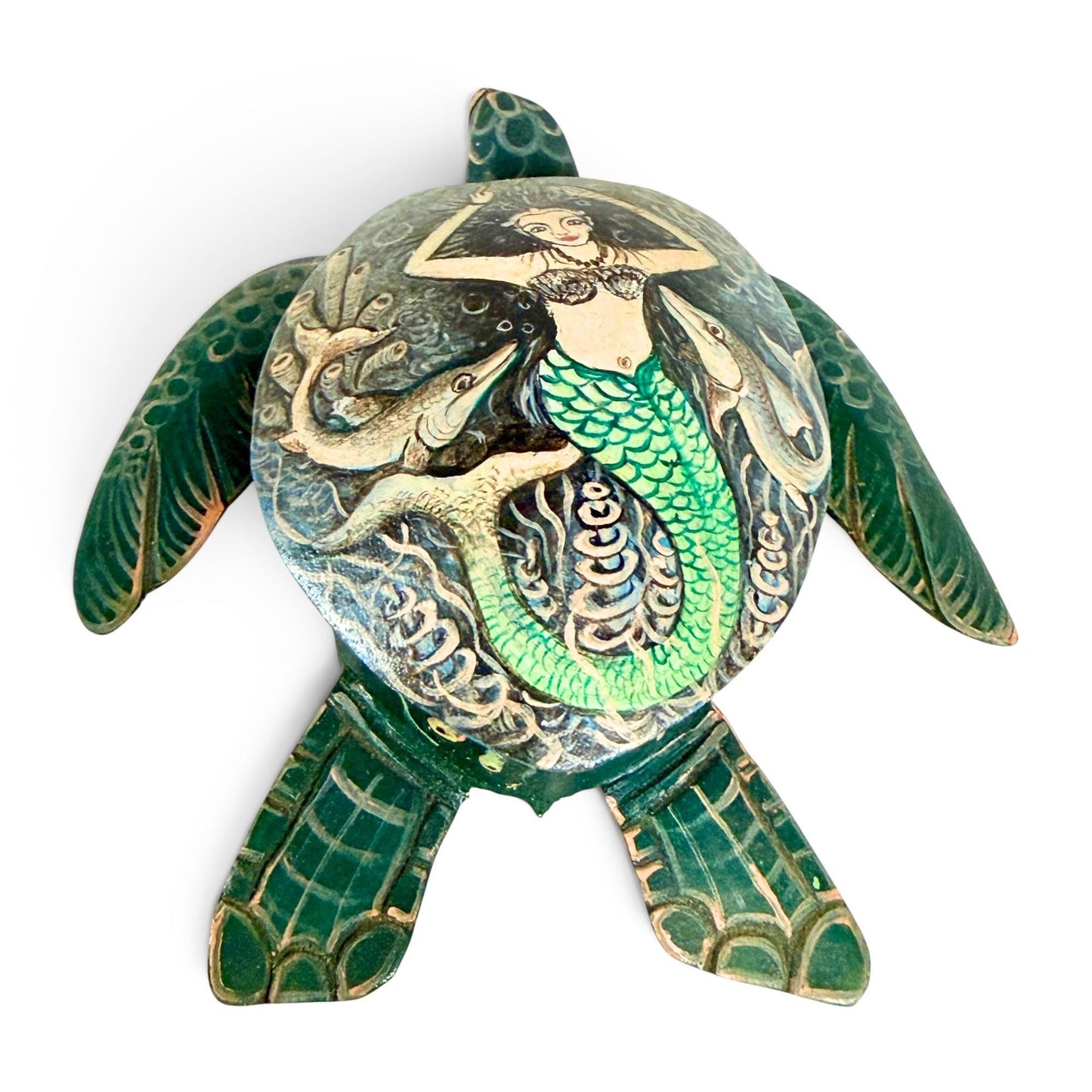 Sea Turtle Mermaid & Fish Trinket Stash Jewelry Box hand painted Wood carving Balinese Art