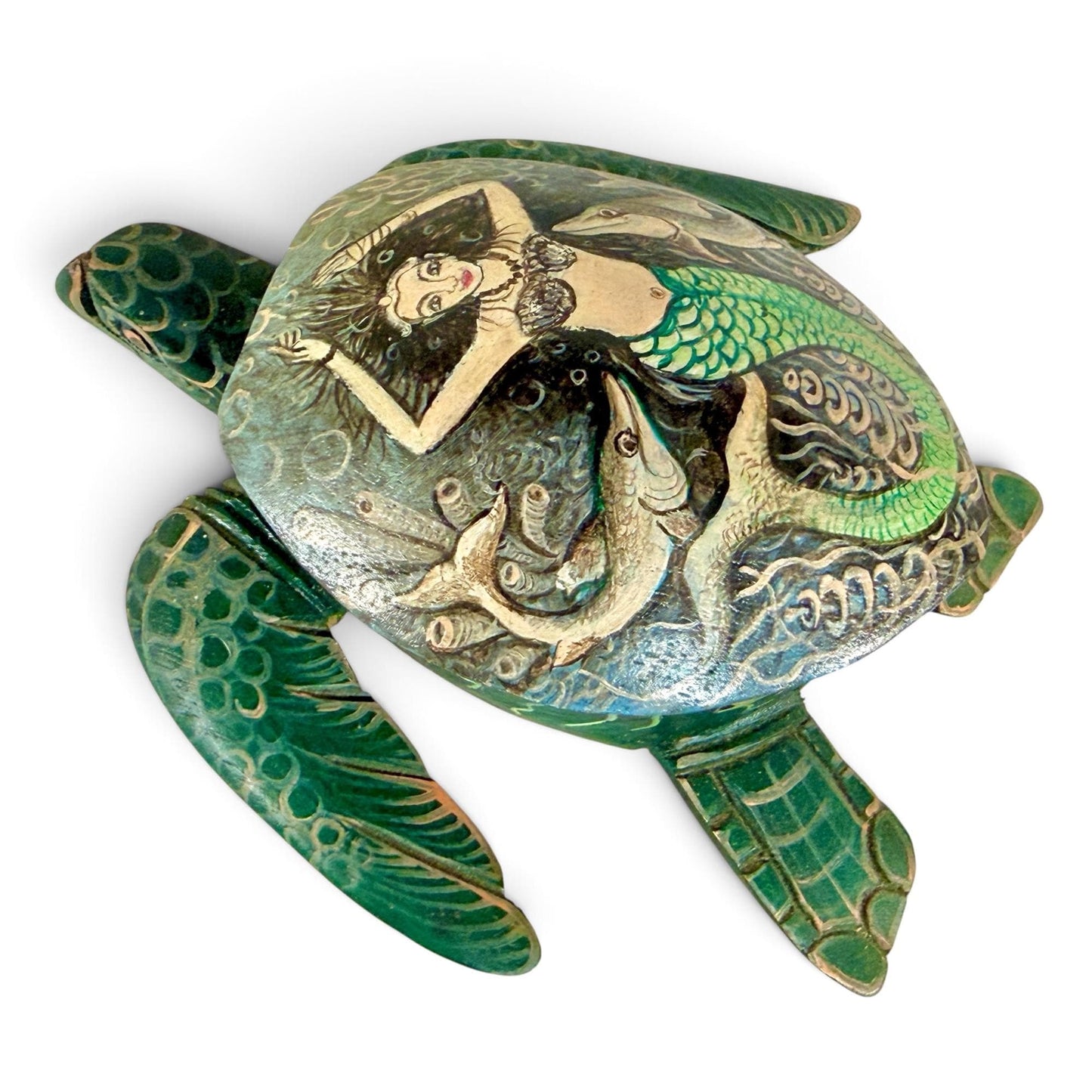 Sea Turtle Mermaid & Fish Trinket Stash Jewelry Box hand painted Wood carving Balinese Art