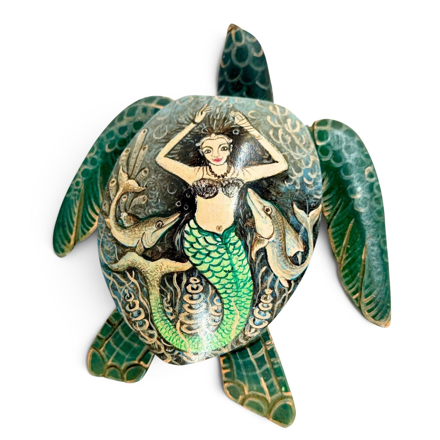 Sea Turtle Mermaid & Fish Trinket Stash Jewelry Box hand painted Wood carving Balinese Art