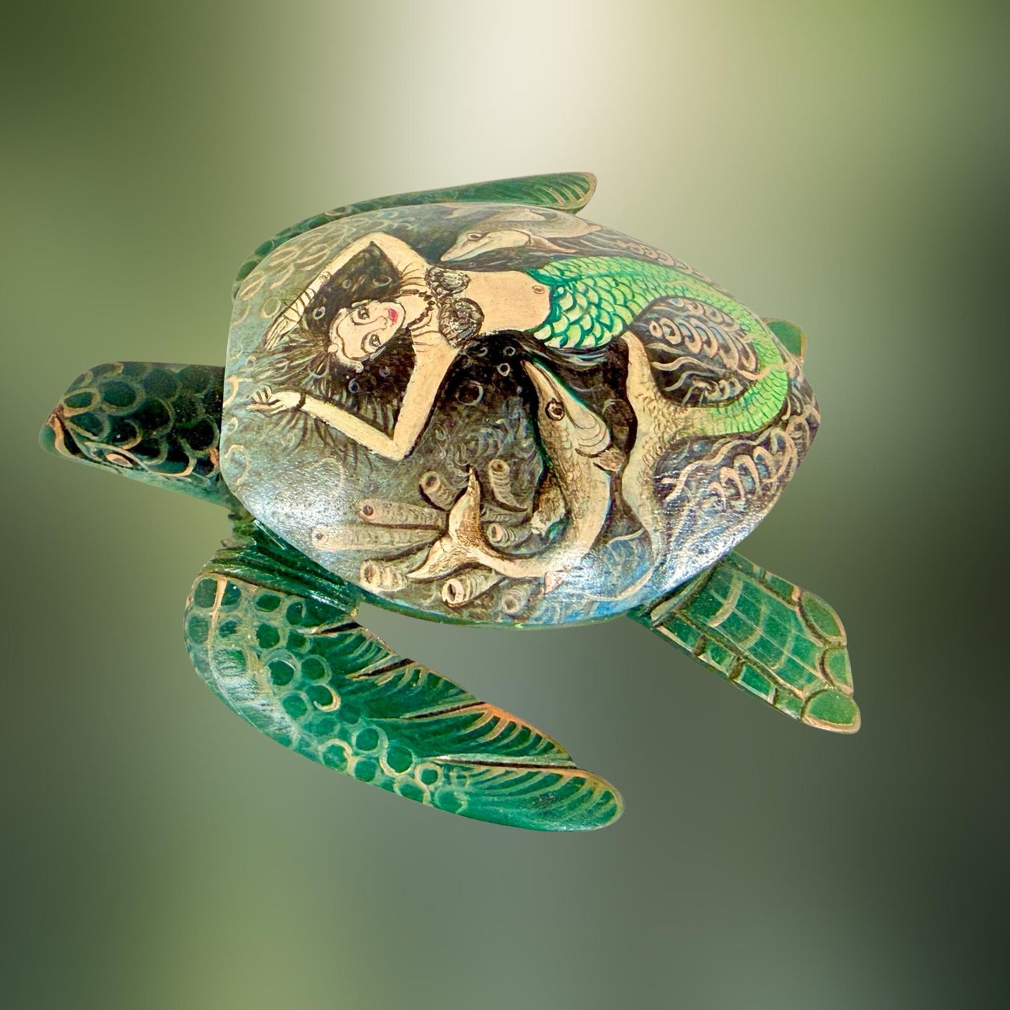 Sea Turtle Mermaid & Fish Trinket Stash Jewelry Box hand painted Wood carving Balinese Art