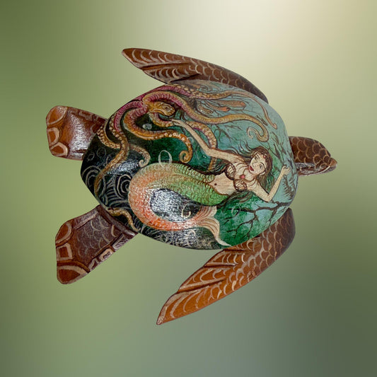 Sea Turtle Mermaid & Octopus Trinket Stash Jewelry Box hand painted Wood carving Balinese Art - Acadia World Traders