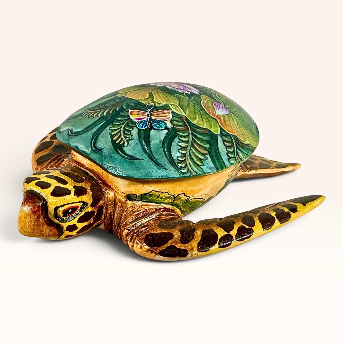 Sea Turtle Jewelry Box - Hand Carved Wood & Painted Trinket Box - Balinese Art