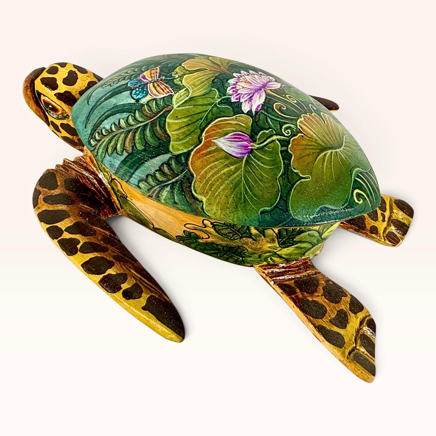 Sea Turtle Jewelry Box - Hand Carved Wood & Painted Trinket Box - Balinese Art