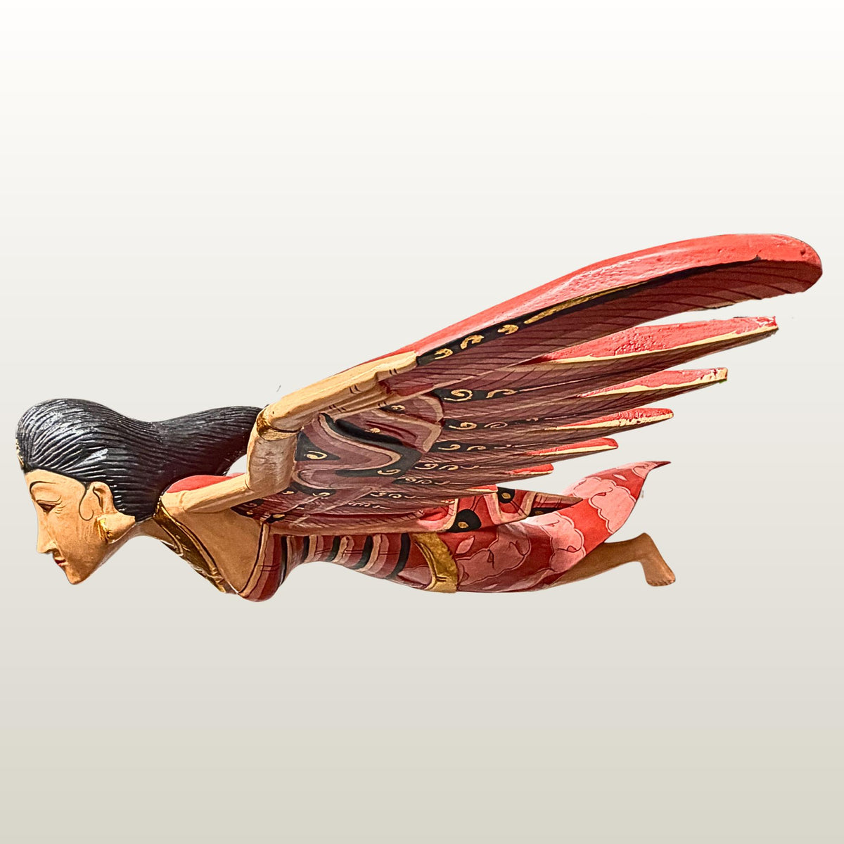 Balinese Winged Dewi Sri Goddess Mobile: Carved Wood Red Demon Chaser Bali Art 30"
