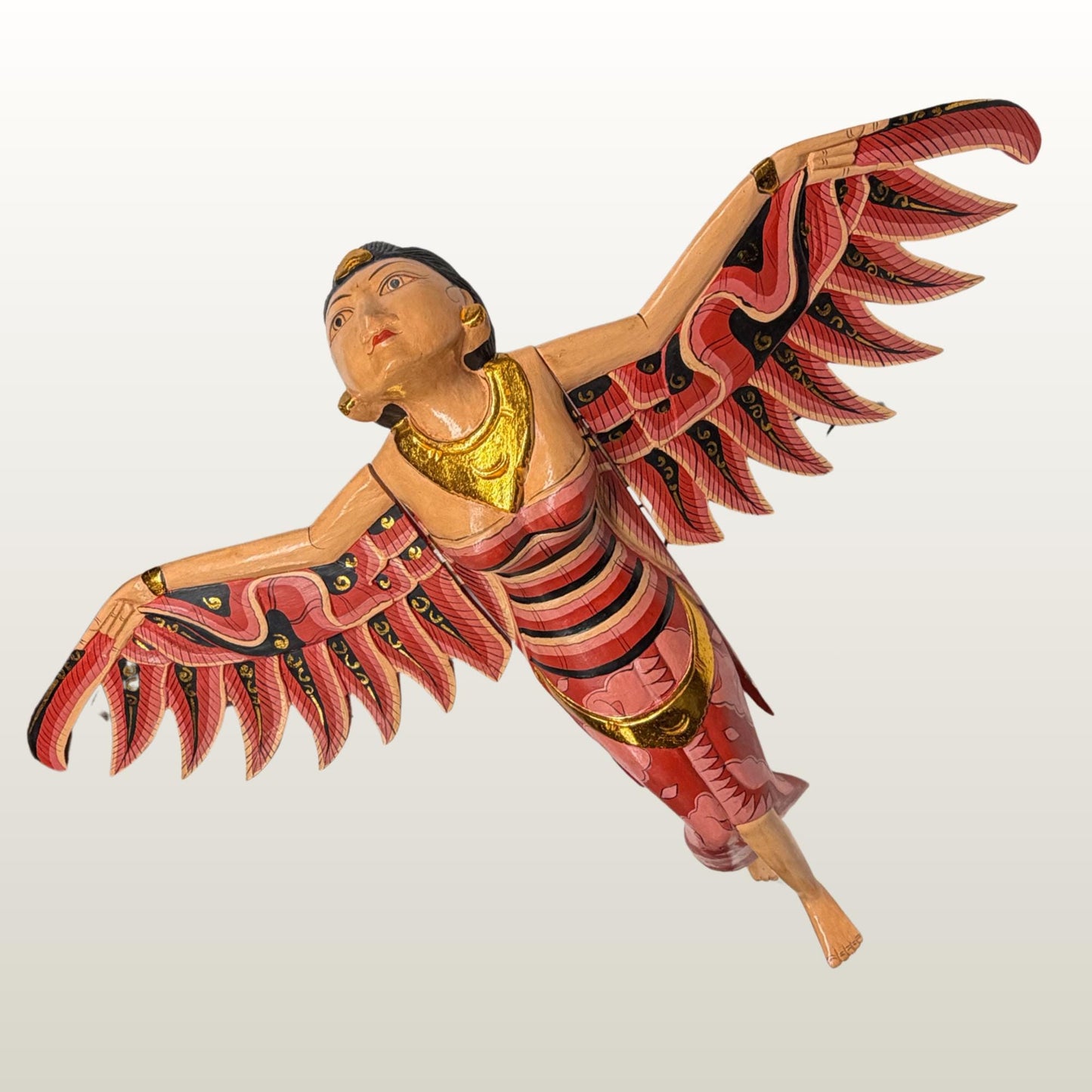 Balinese Winged Dewi Sri Goddess Mobile: Carved Wood Red Demon Chaser Bali Art 30"