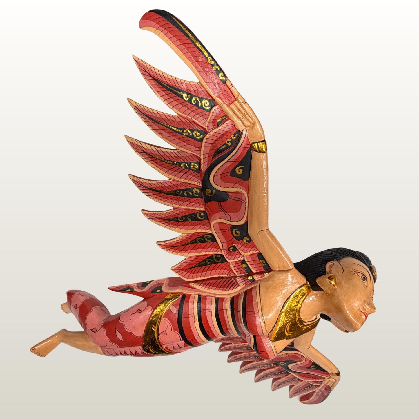 Balinese Winged Dewi Sri Goddess Mobile: Carved Wood Red Demon Chaser Bali Art 30"