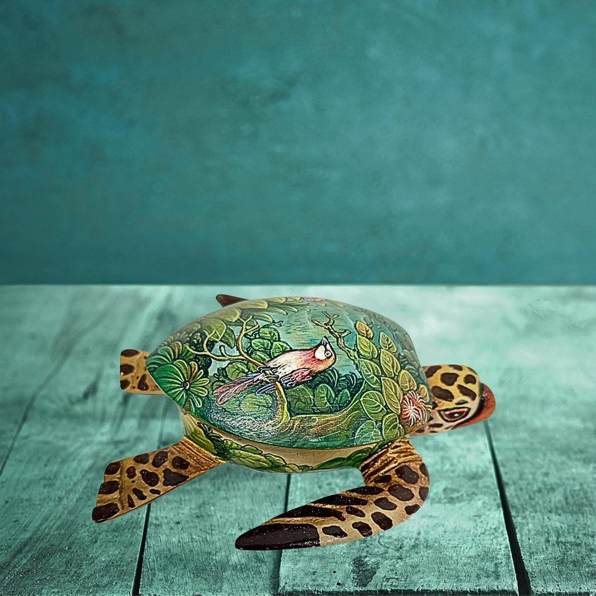 Sea Turtle Jewelry Box - Hand Carved Wood & Painted Trinket Box - Balinese Art