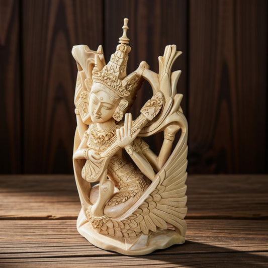 Saraswati Statue Wood Carving Hindu Goddess of Art Culture Balinese Sculpture - Acadia World Traders