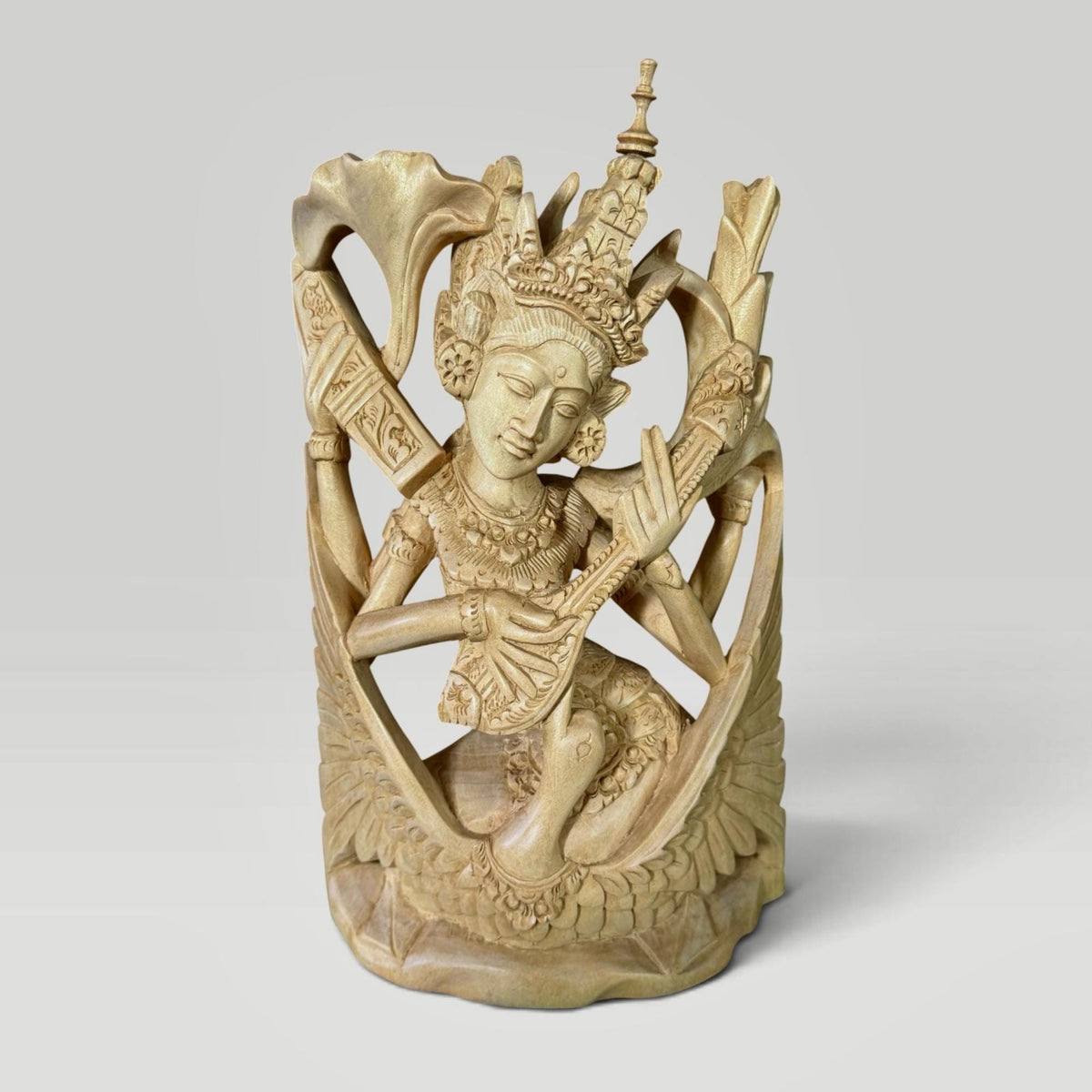 Saraswati Statue Wood Carving Hindu Goddess of Art Culture Balinese Sculpture