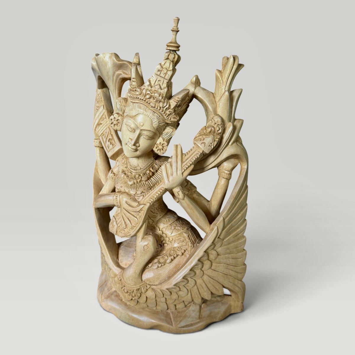 Saraswati Statue Wood Carving Hindu Goddess of Art Culture Balinese Sculpture
