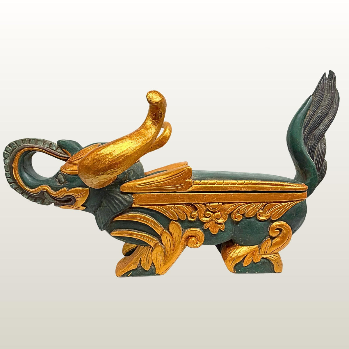 Vintage Balinese Elephant Bull Keropak Temple Offering Box Polychrome Hand Carved Wood folk Art