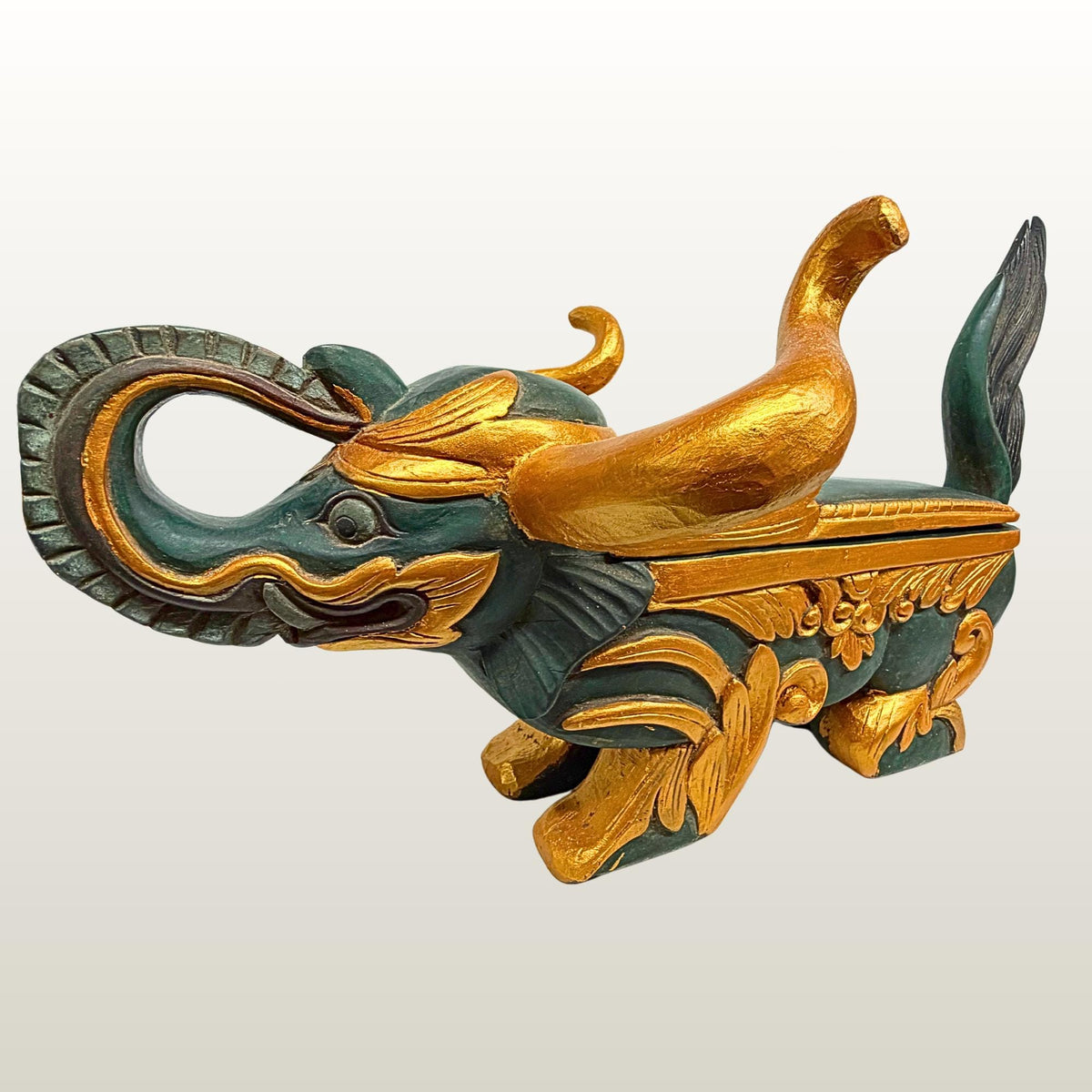 Vintage Balinese Elephant Bull Keropak Temple Offering Box Polychrome Hand Carved Wood folk Art