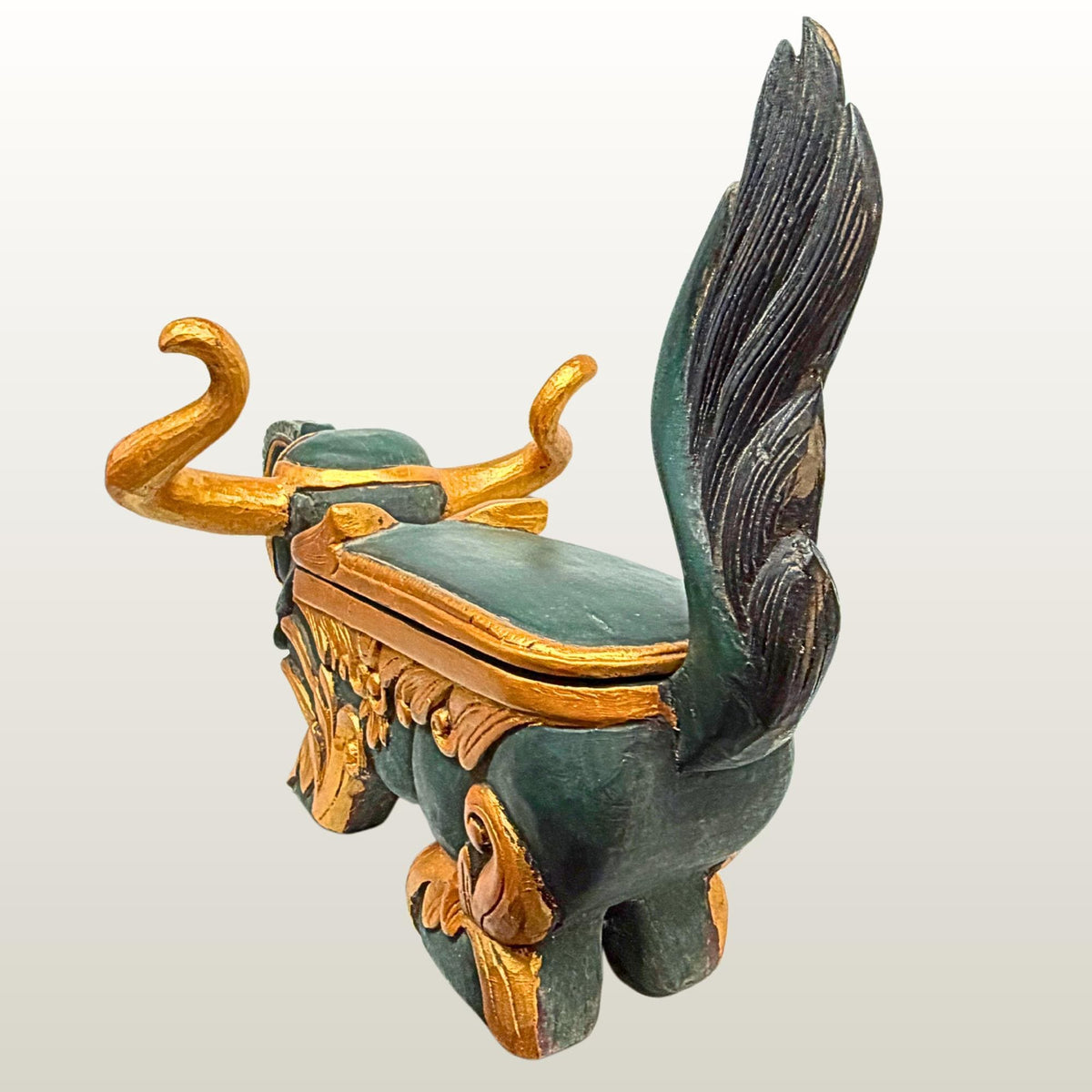 Vintage Balinese Elephant Bull Keropak Temple Offering Box Polychrome Hand Carved Wood folk Art