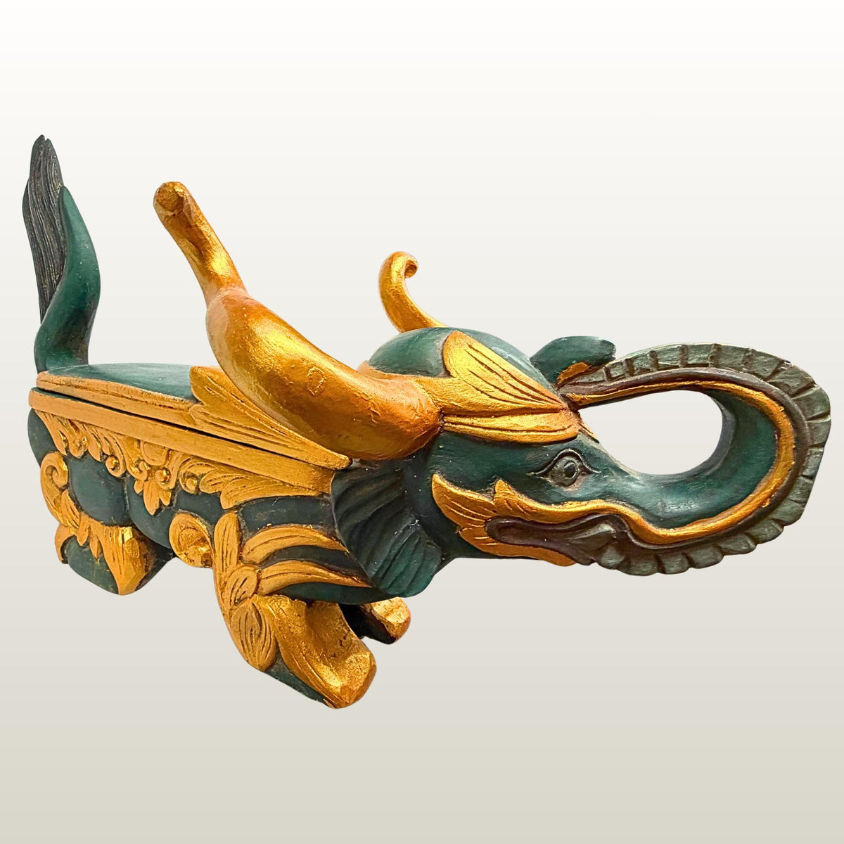 Vintage Balinese Elephant Bull Keropak Temple Offering Box Polychrome Hand Carved Wood folk Art