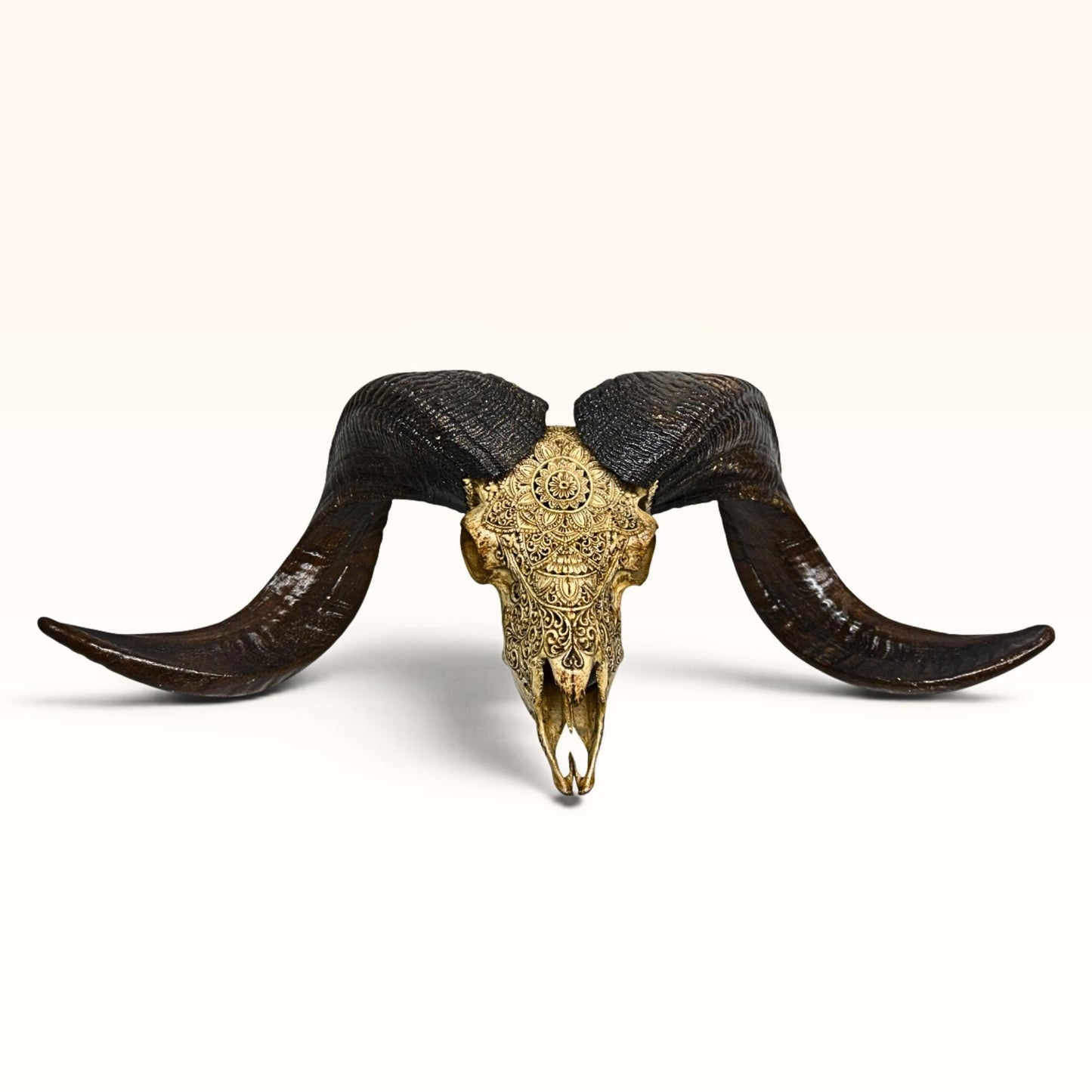 Balinese Hand Carved Mandala Ram Skull: Boho Wall Decor
