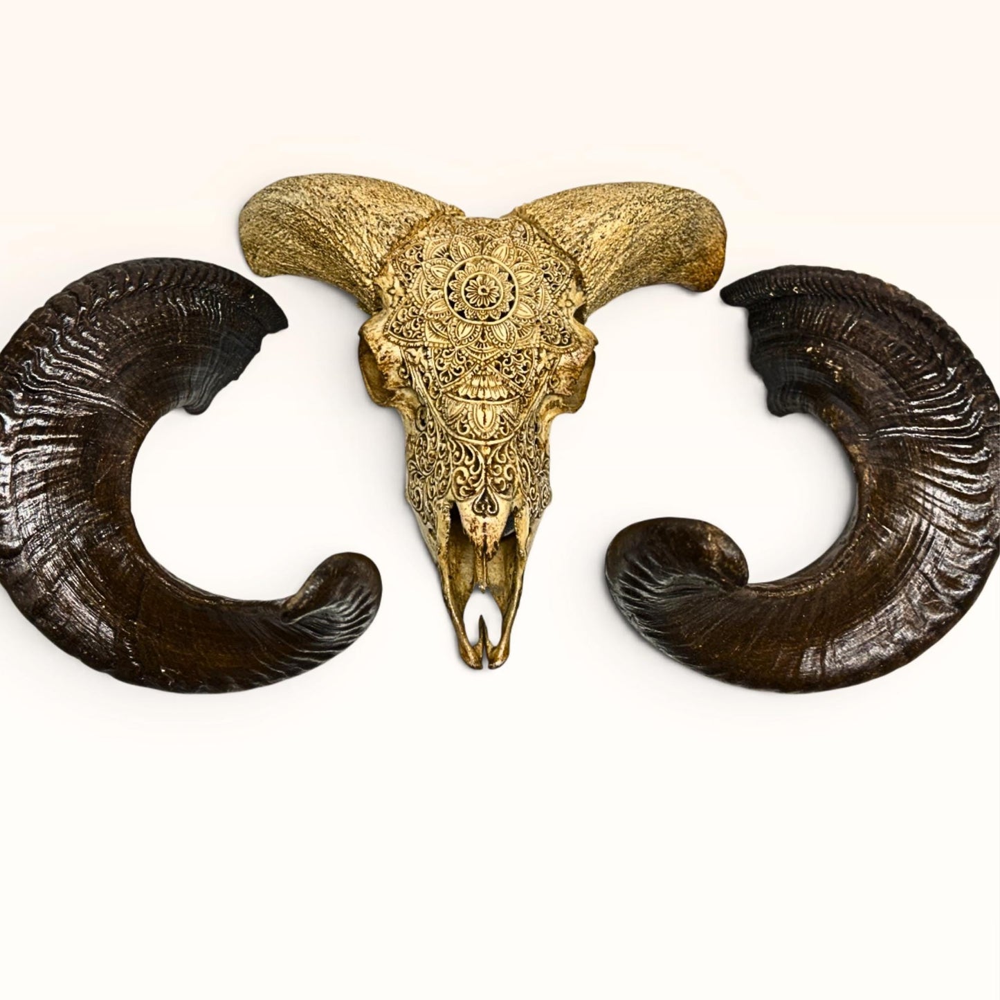 Balinese Hand Carved Mandala Ram Skull: Boho Wall Decor