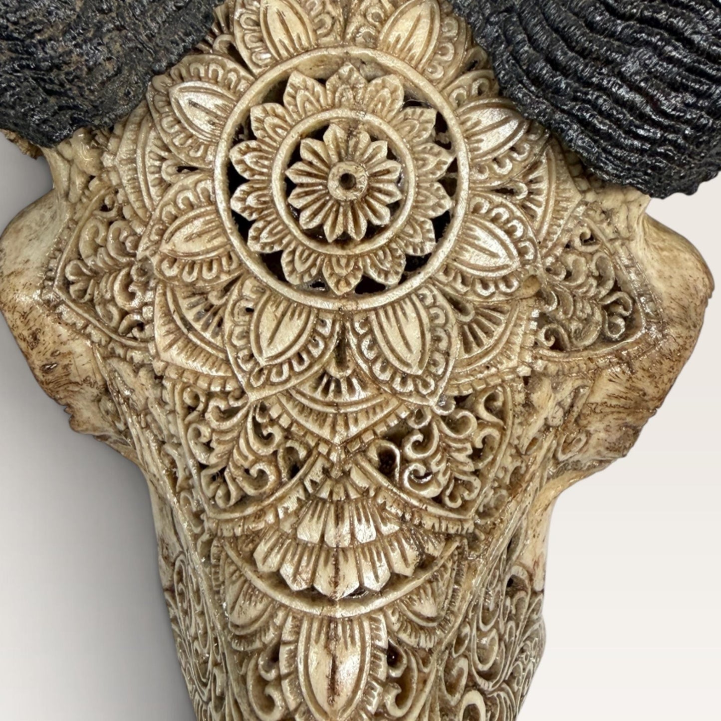 Balinese Hand Carved Mandala Ram Skull: Boho Wall Decor