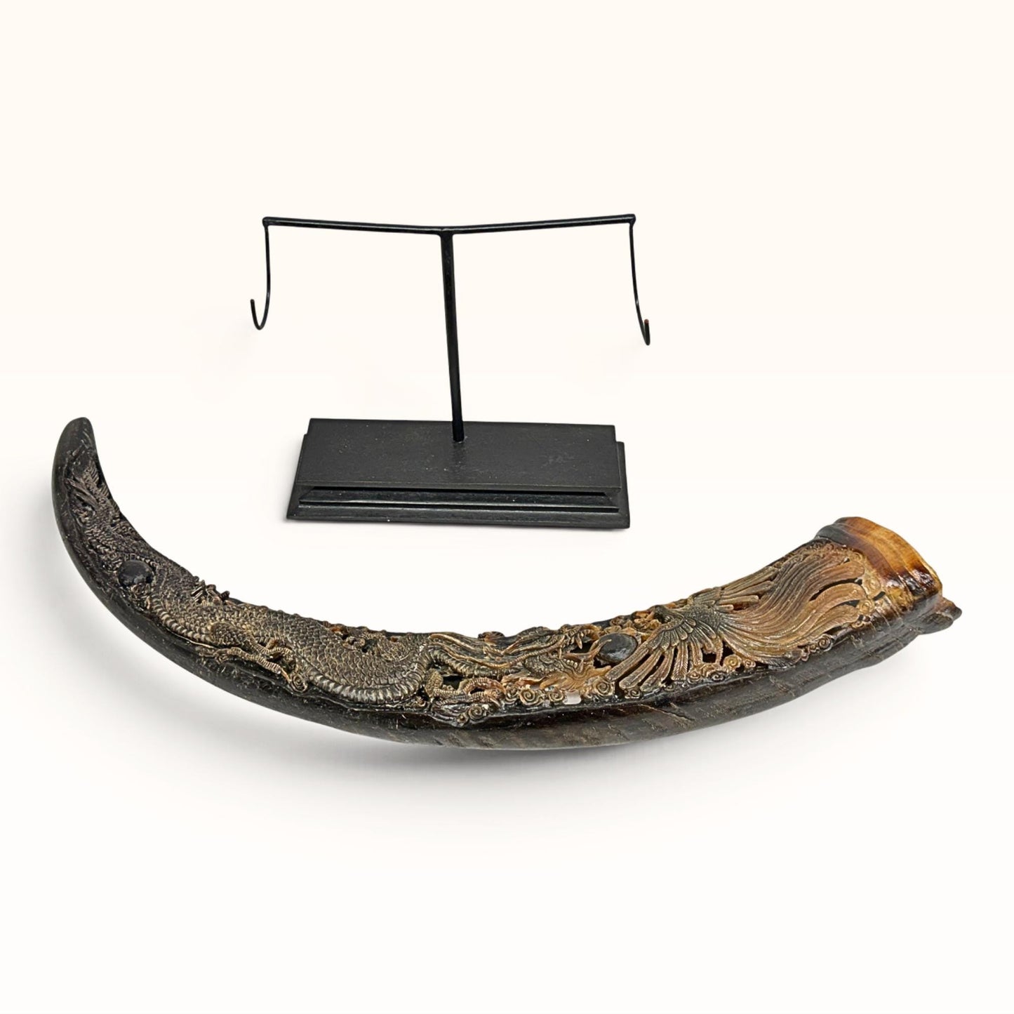 Hand Carved Water Buffalo Horn: Mystical Phoenix Dragon Art, Balinese Bone Carving Boho Decor