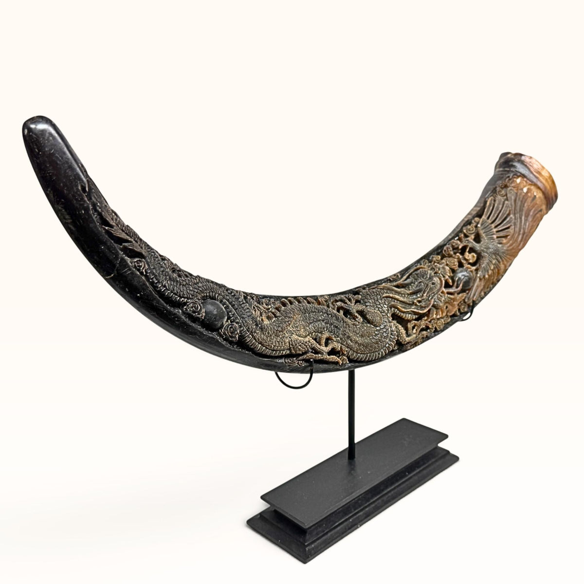 Hand Carved Water Buffalo Horn: Mystical Phoenix Dragon Art, Balinese Bone Carving Boho Decor