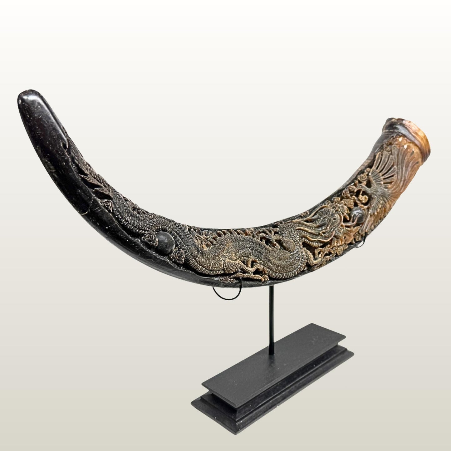Hand Carved Water Buffalo Horn: Mystical Phoenix Dragon Art, Balinese Bone Carving Boho Decor