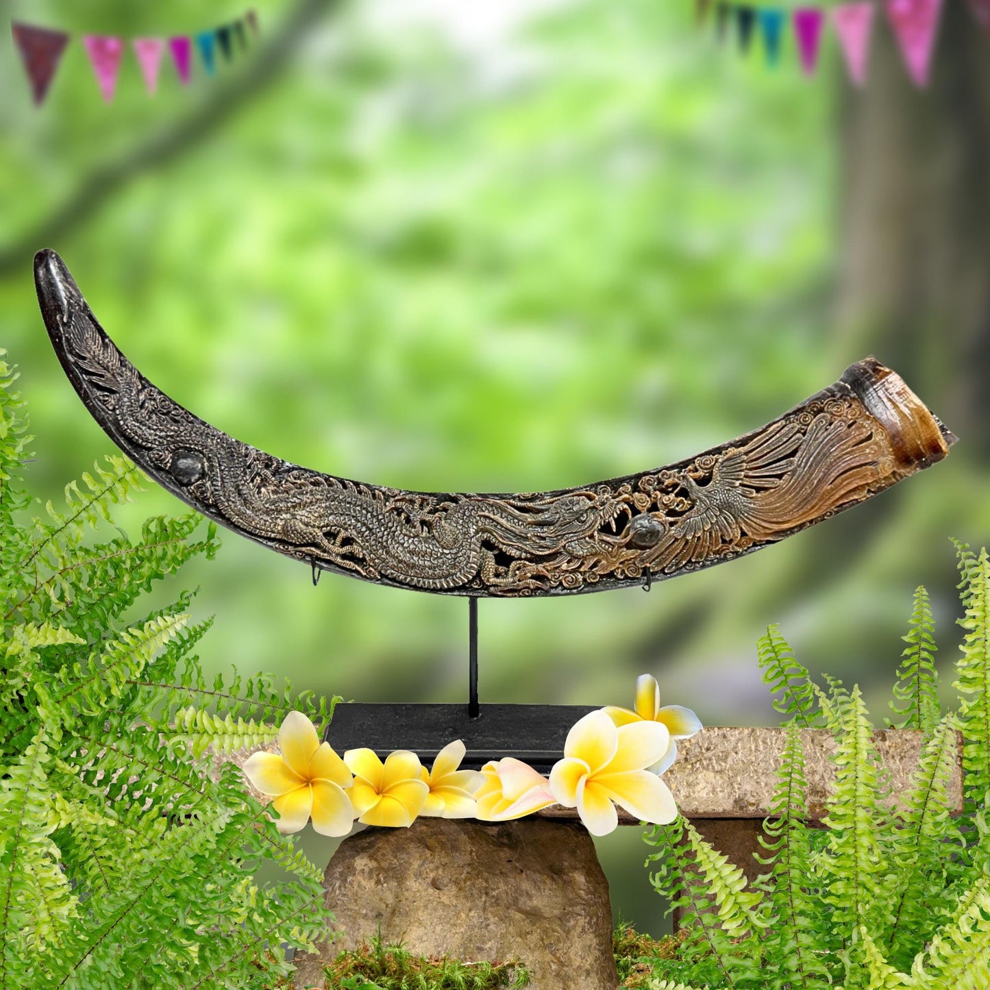 Hand Carved Water Buffalo Horn: Mystical Phoenix Dragon Art, Balinese Bone Carving Boho Decor
