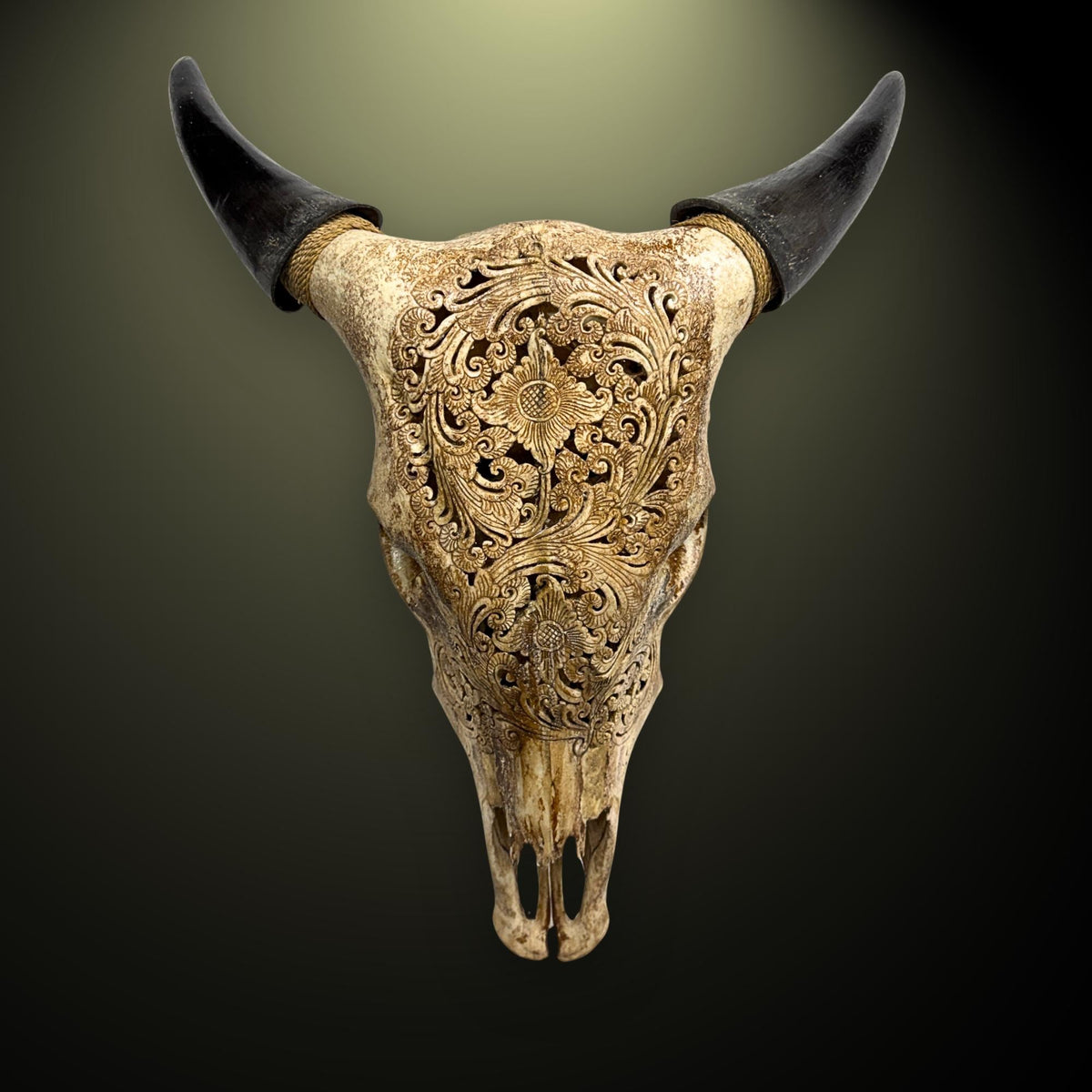 Hand Carved Steer Skull with Padma Lotus Motif, Balinese Bone Carving Art (Wall Mount)
