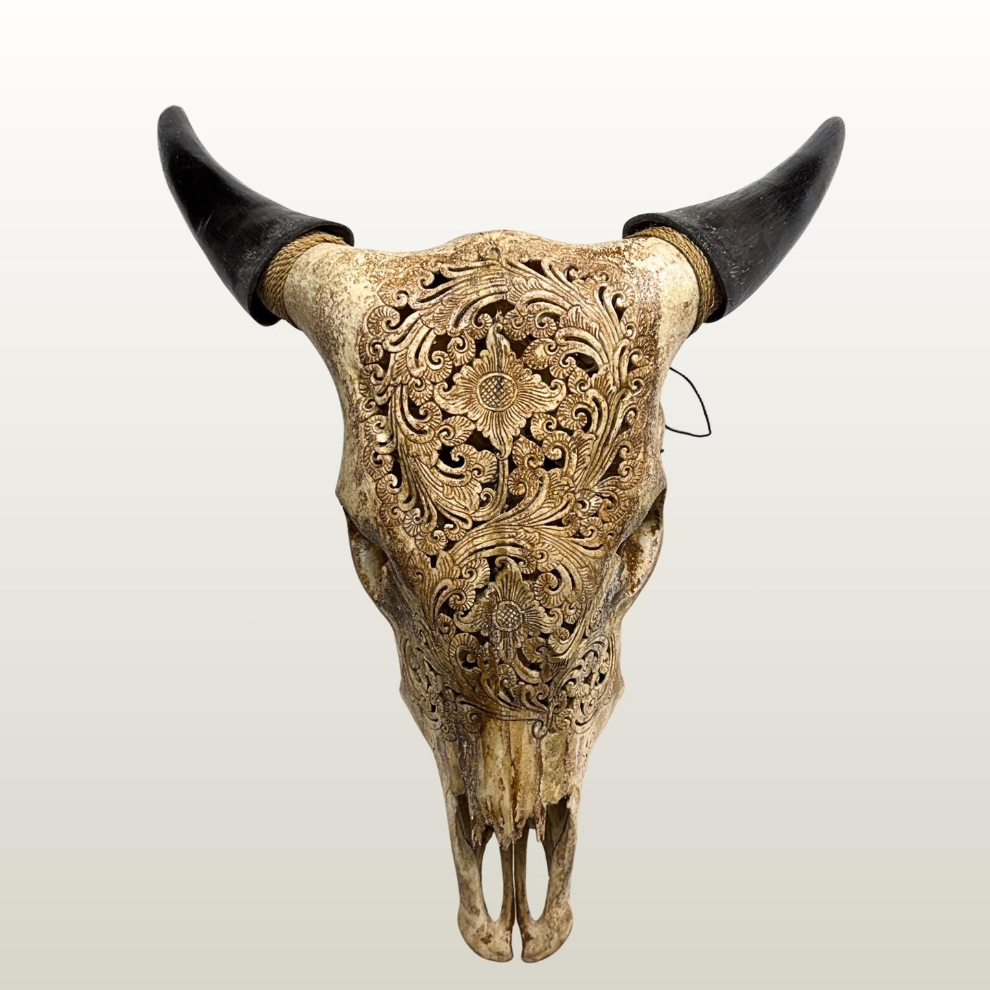 Hand Carved Steer Skull with Padma Lotus Motif, Balinese Bone Carving Art (Wall Mount)